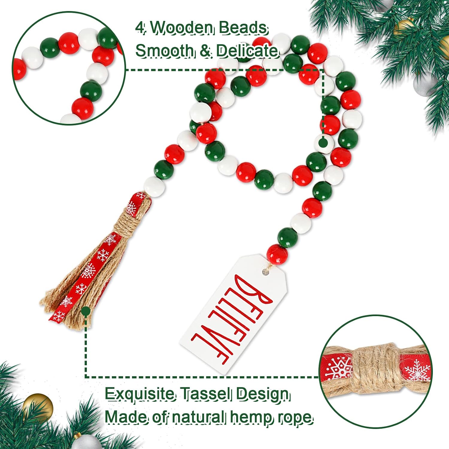 Christmas Wooden Bead Garlands Green White Wood Beads / Red / Set of 2