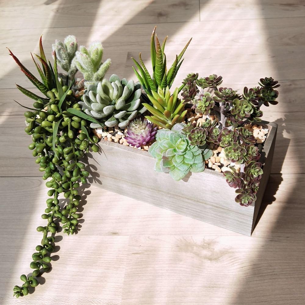 Artificial Potted Succulents Plants Arrangement Fake Succulent Plants in Rectangular Wooden Pot