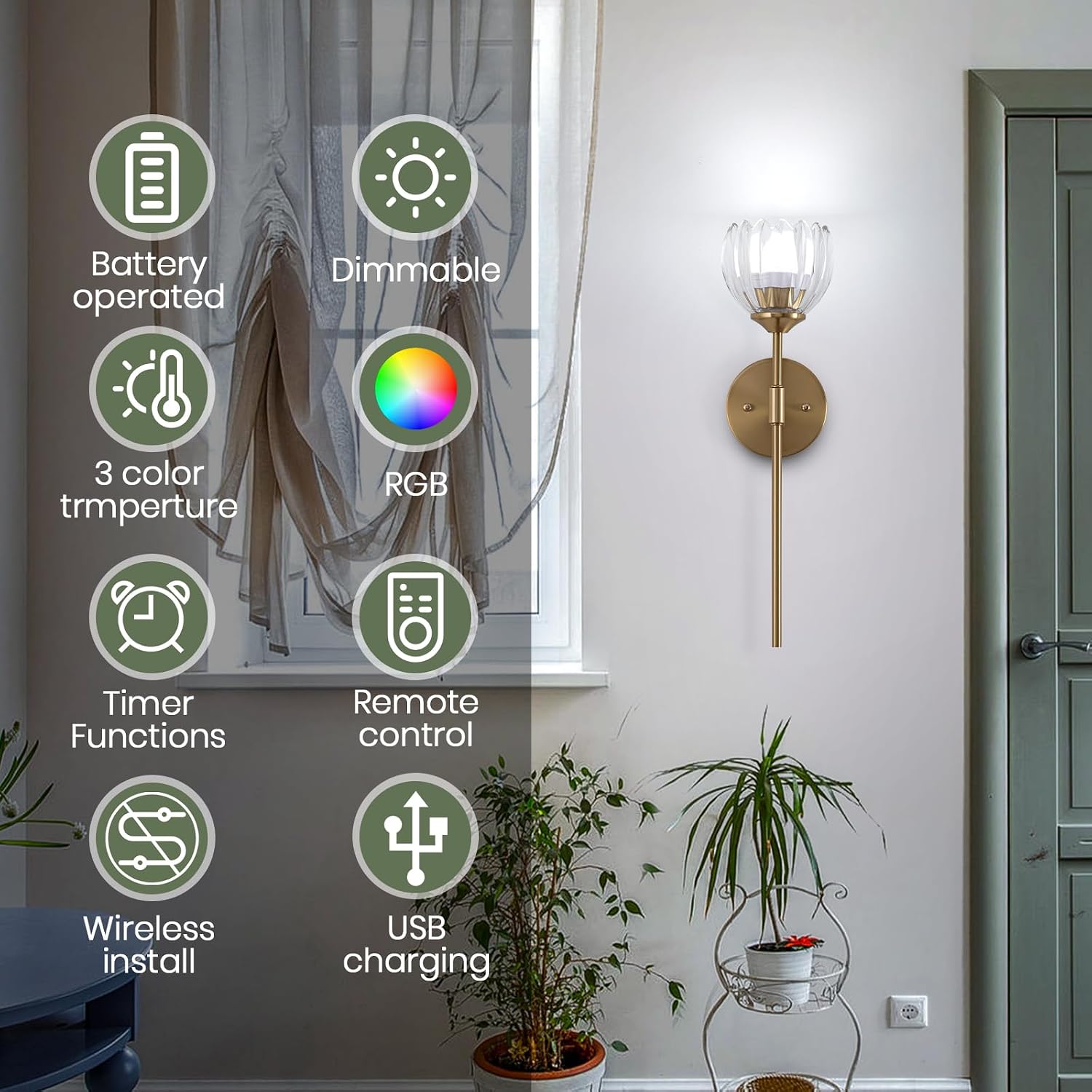 Vintage Battery Operated Wall Sconce Set of 2,Rechargeable Wall Lights with RGB Dimmable Detachable Bulbs and