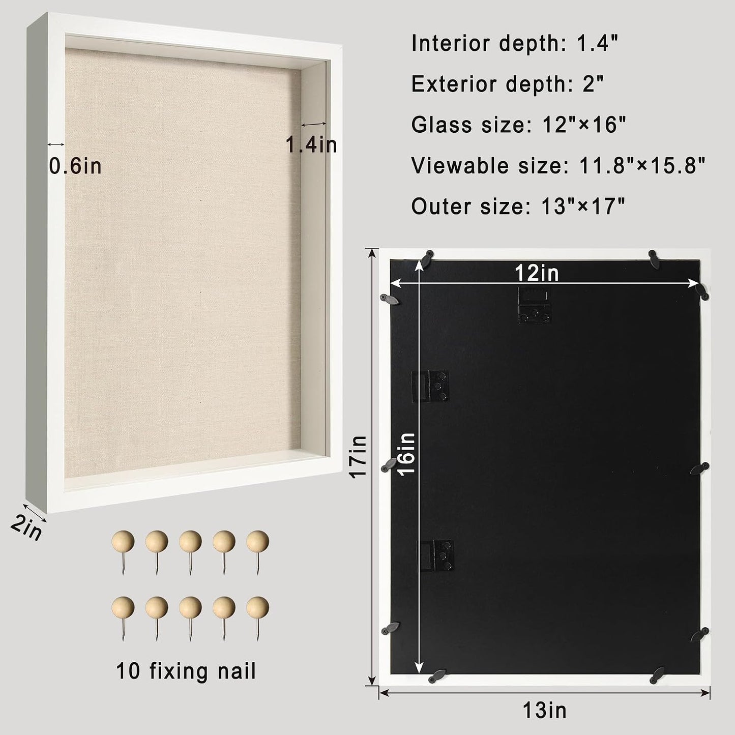 12x16 Large Shadow Box Picture Frame Display Case with Soft Linen Back, White Wooden Memory Shadow Box Frame with