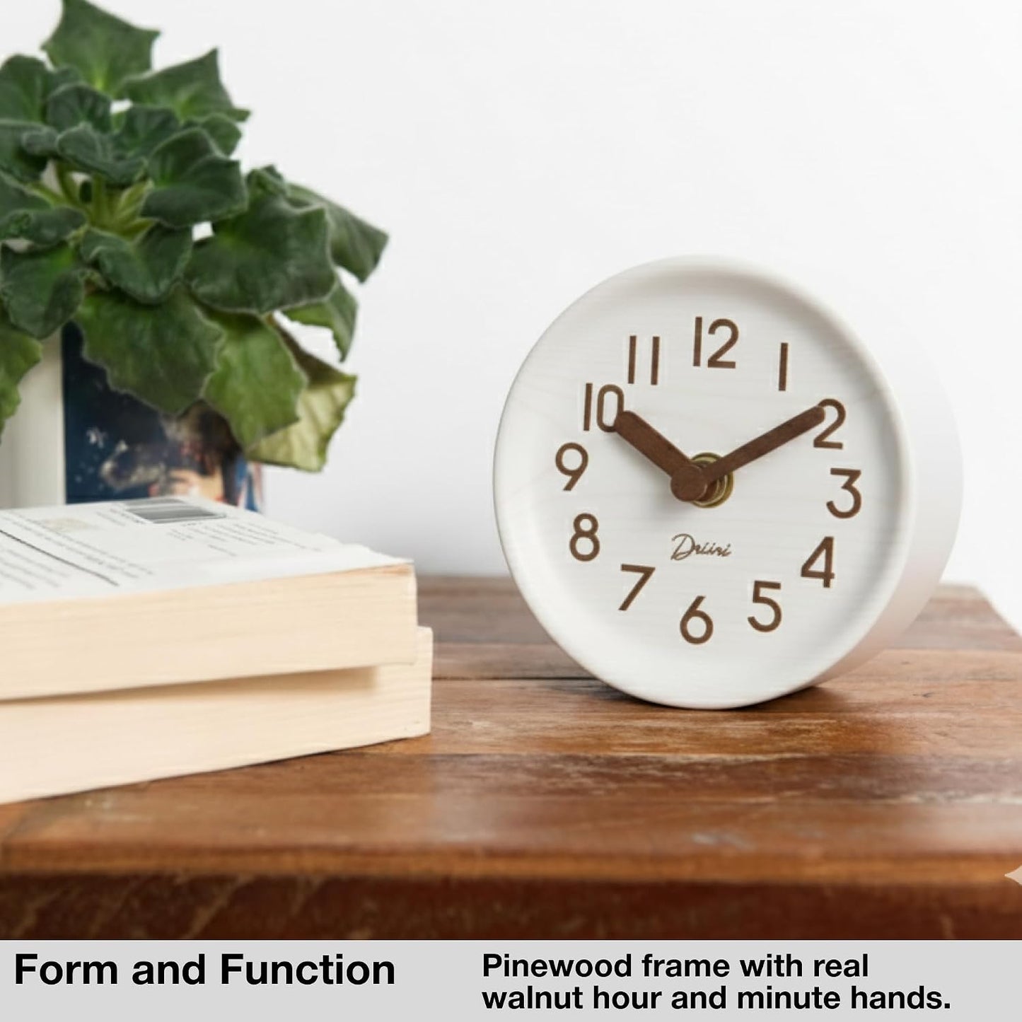 Driini Wooden Analog Desktop Clock – 4.3 in. Decorative Pinewood, No-Tick Design – Easy to Read Silent Sweep Mantle