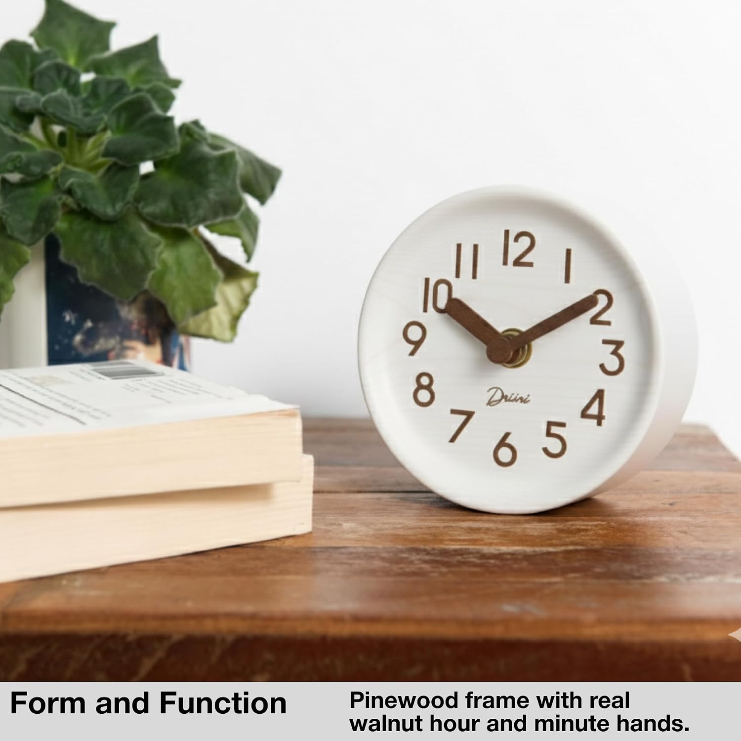 Driini Wooden Analog Desktop Clock – 4.3 in. Decorative Pinewood, No-Tick Design – Easy to Read Silent Sweep Mantle