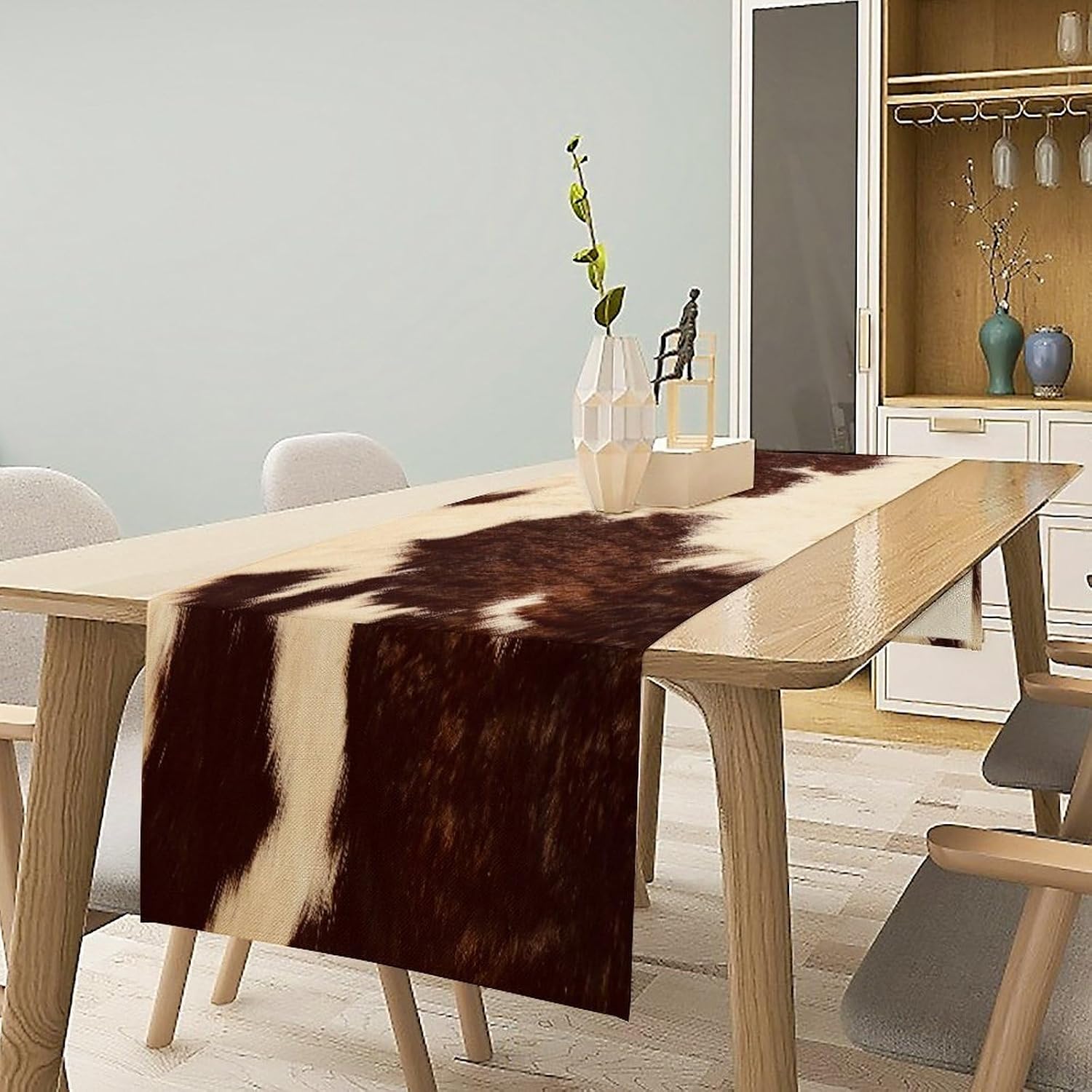 Brown Cow Print Faux Linen Rustic Table Runner, 13x90 Inch
