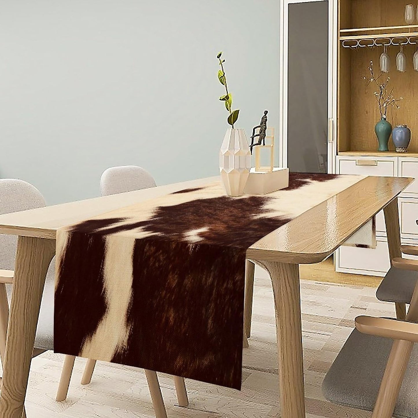 Cow Print Table Runner, Brown Cowhide Print Western Style Table Runner Country Farmhouse Cow Pattern Printed Linen