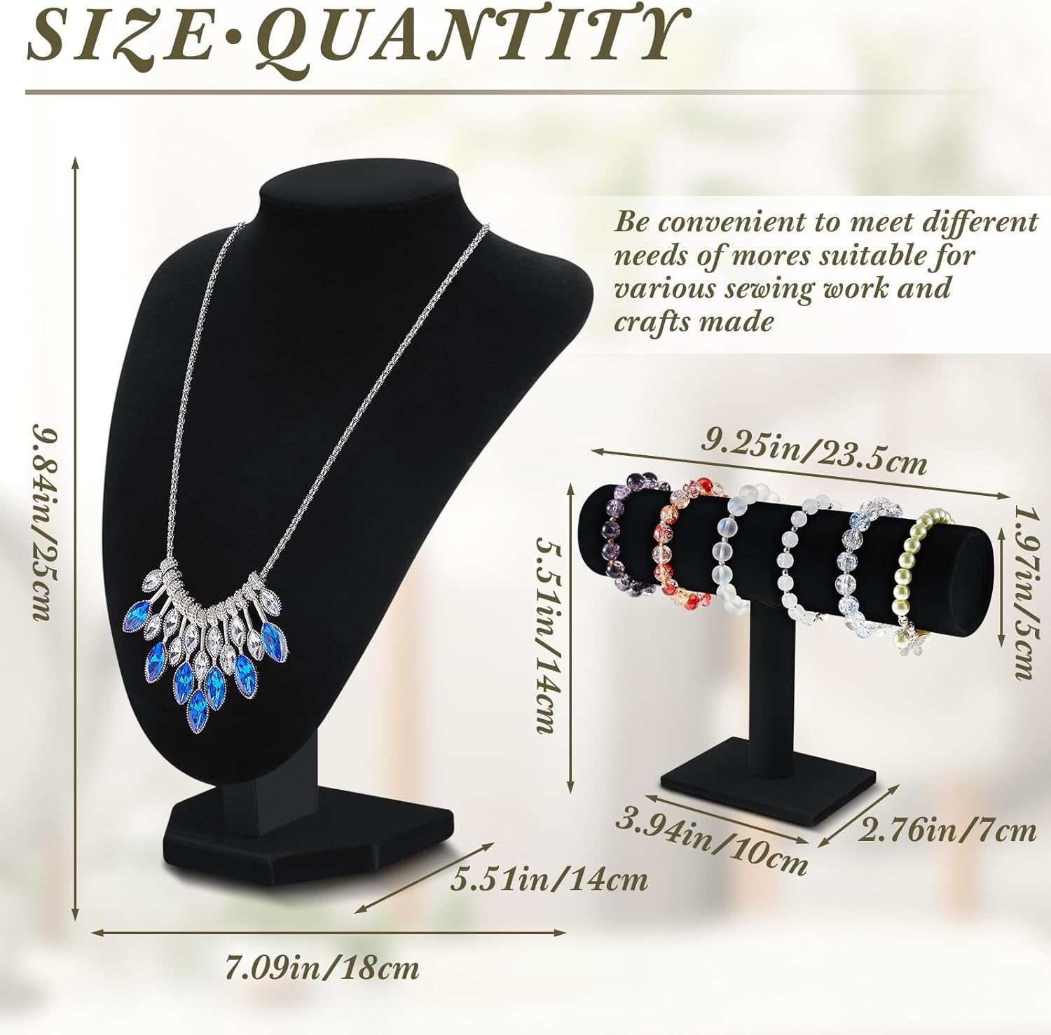 Jewelry Display Set Necklace Display Stand T Bar Bracelet Holder Jewelry / Black / Velvet / Set of 6