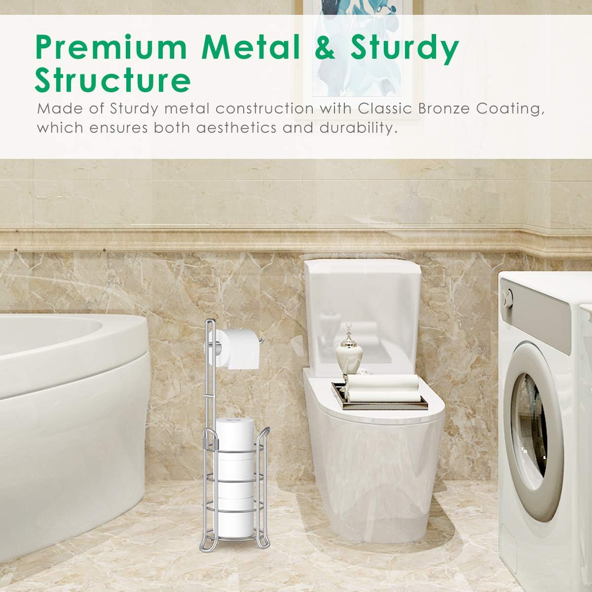 TomCare Toilet Paper Holder Stand Free Standing, Holds 4 Mega Rolls, Silver | Tool-Free Assembly, Detachable Metal Wire