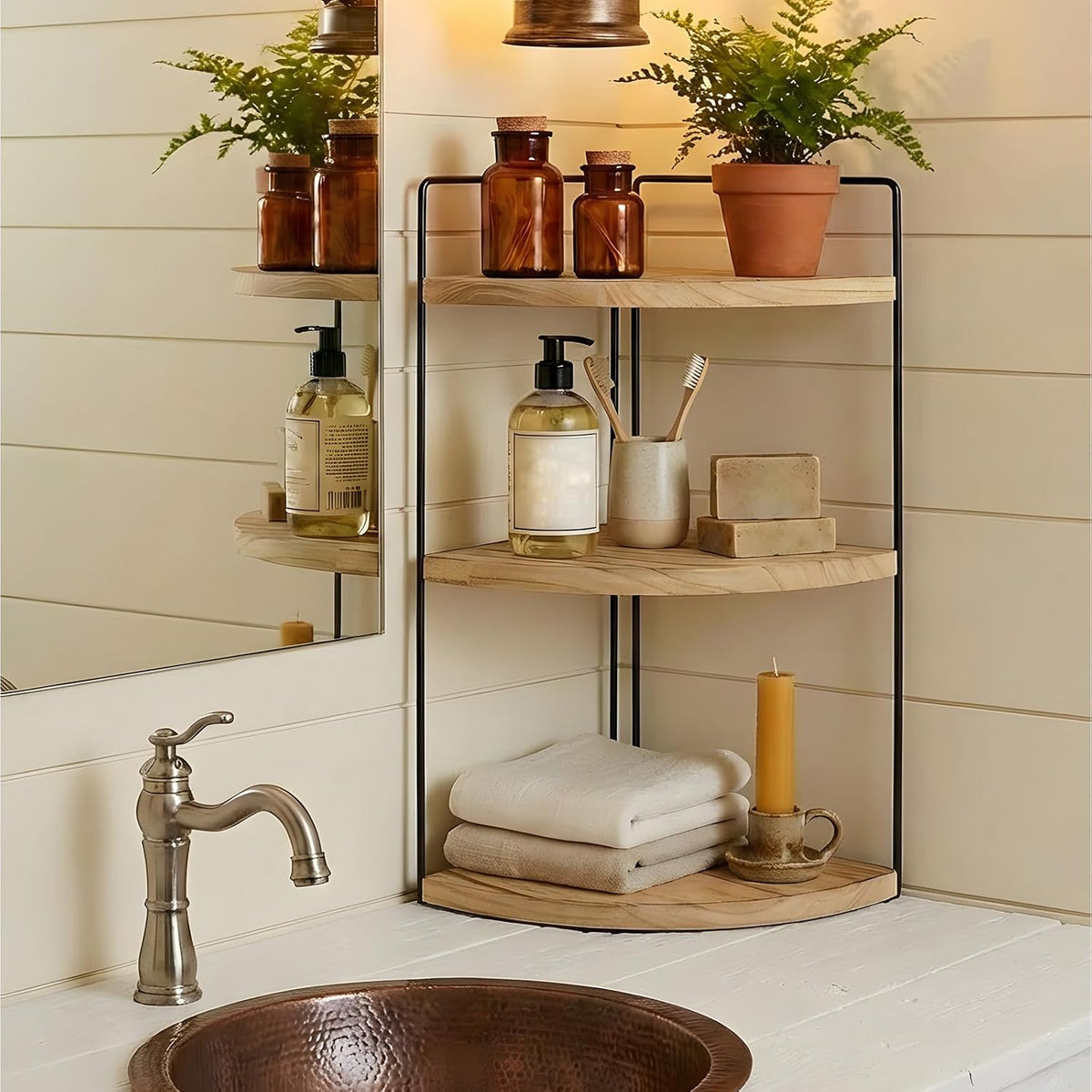 Corner Bathroom Counter Organizer Countertop Brown, 2 Pack 3 Tier Corner Shelf Wood Vanity Tray Easy Assembly Space