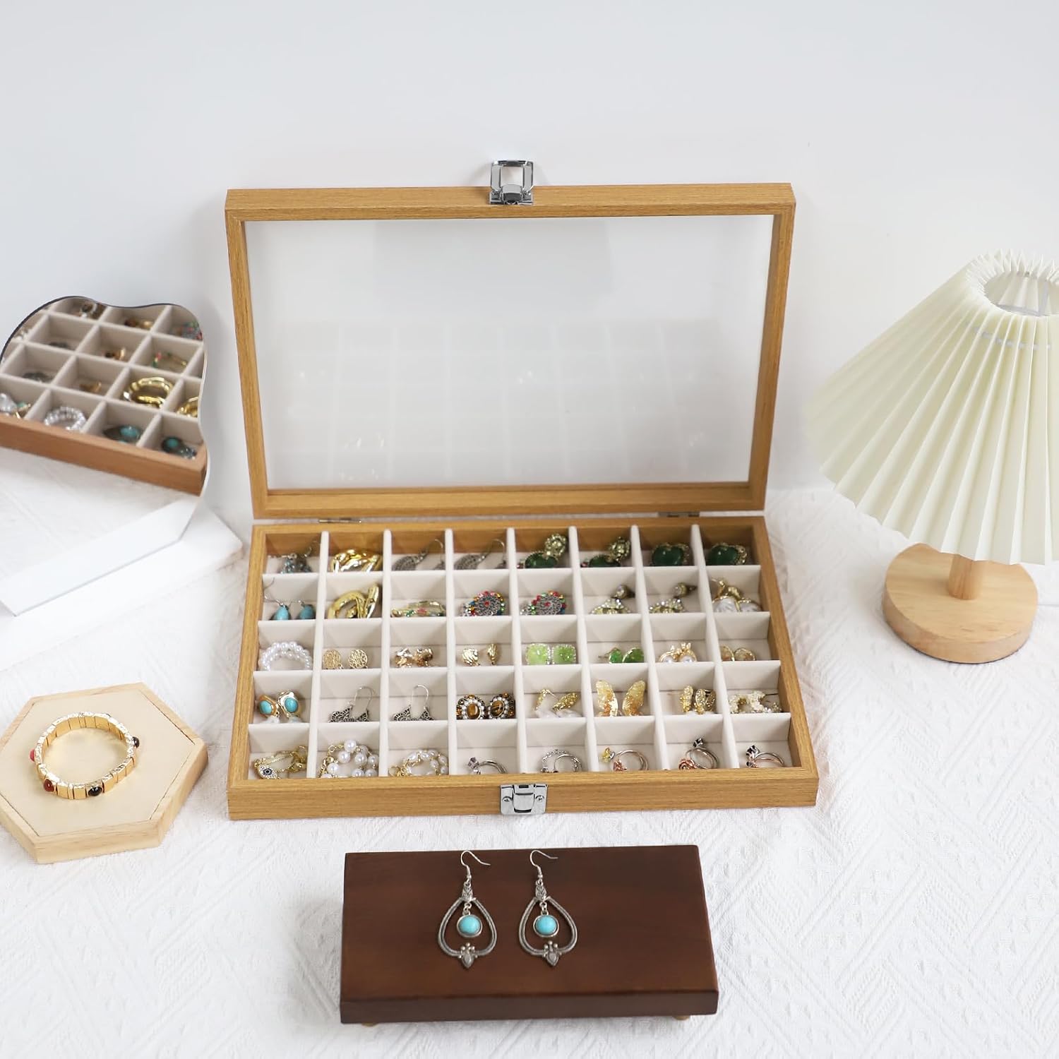 40 Grid Wood Jewelry Organizer / Beige / Set of 40