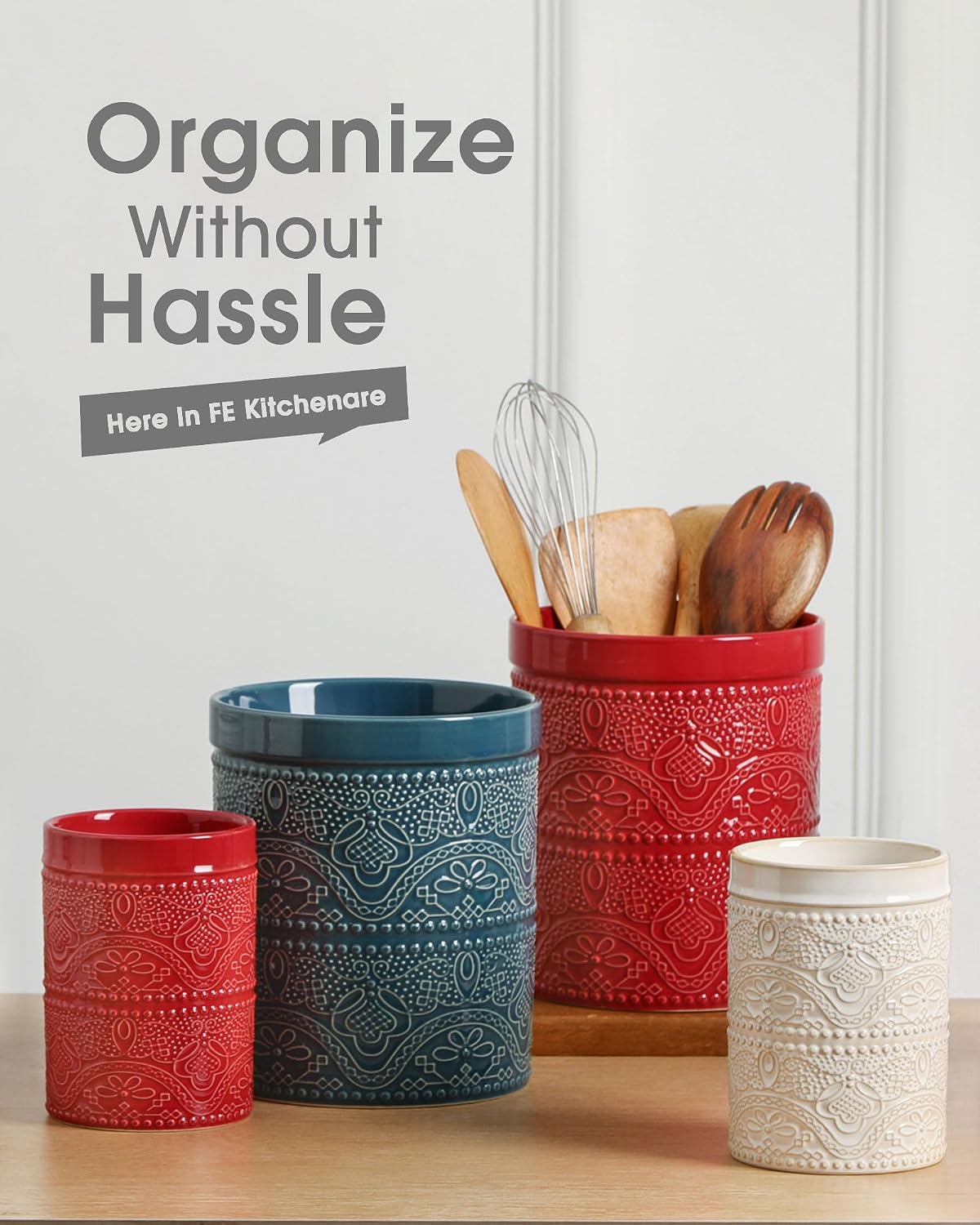 Kitchen Utensil Holder, 7.2+5.5" Super Large Utensil Crock Heavy and Stable Lace Emboss Ceramic Utensil Holder for