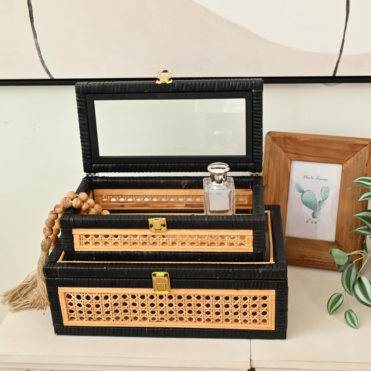 Black Rattan Decorative Storage Boxes / 14.1 x 8.2 x 5.1 / Rattan&black / Set of 2