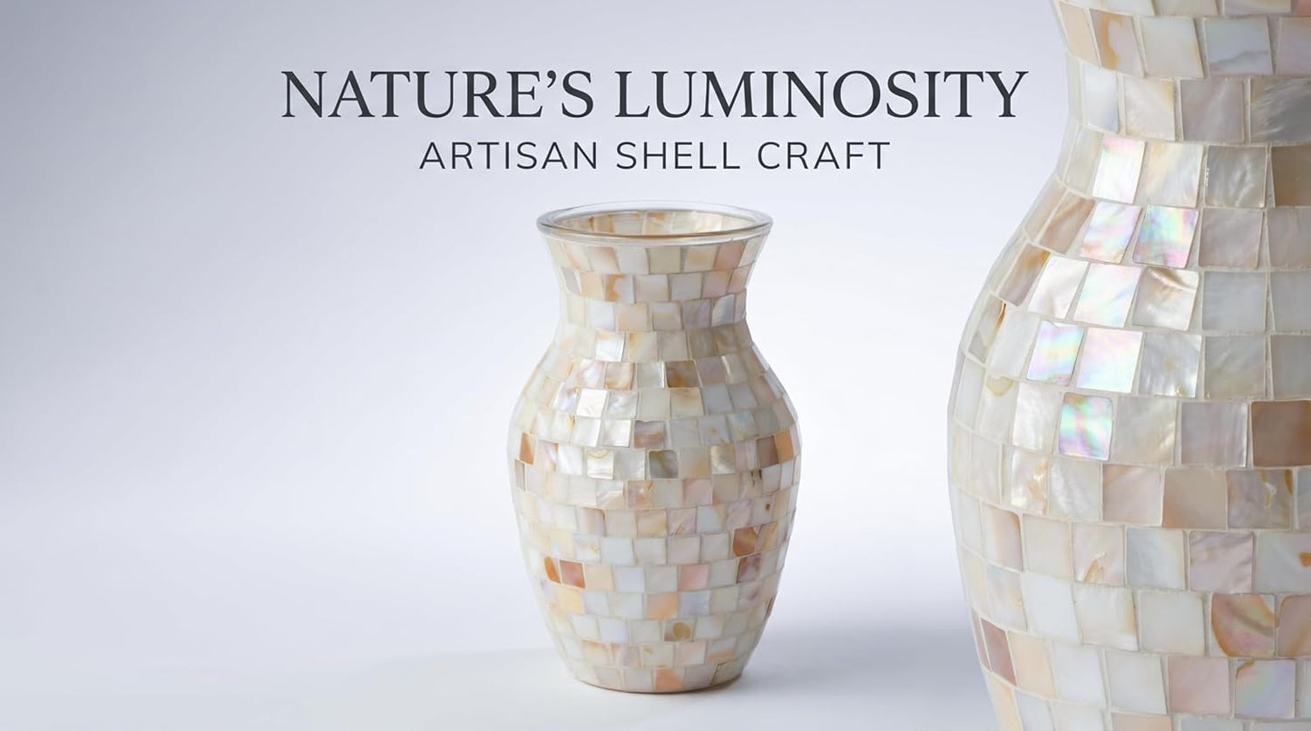 Handmade Pearlescent Glass Flower Vase / Natural Shell Iridescent White