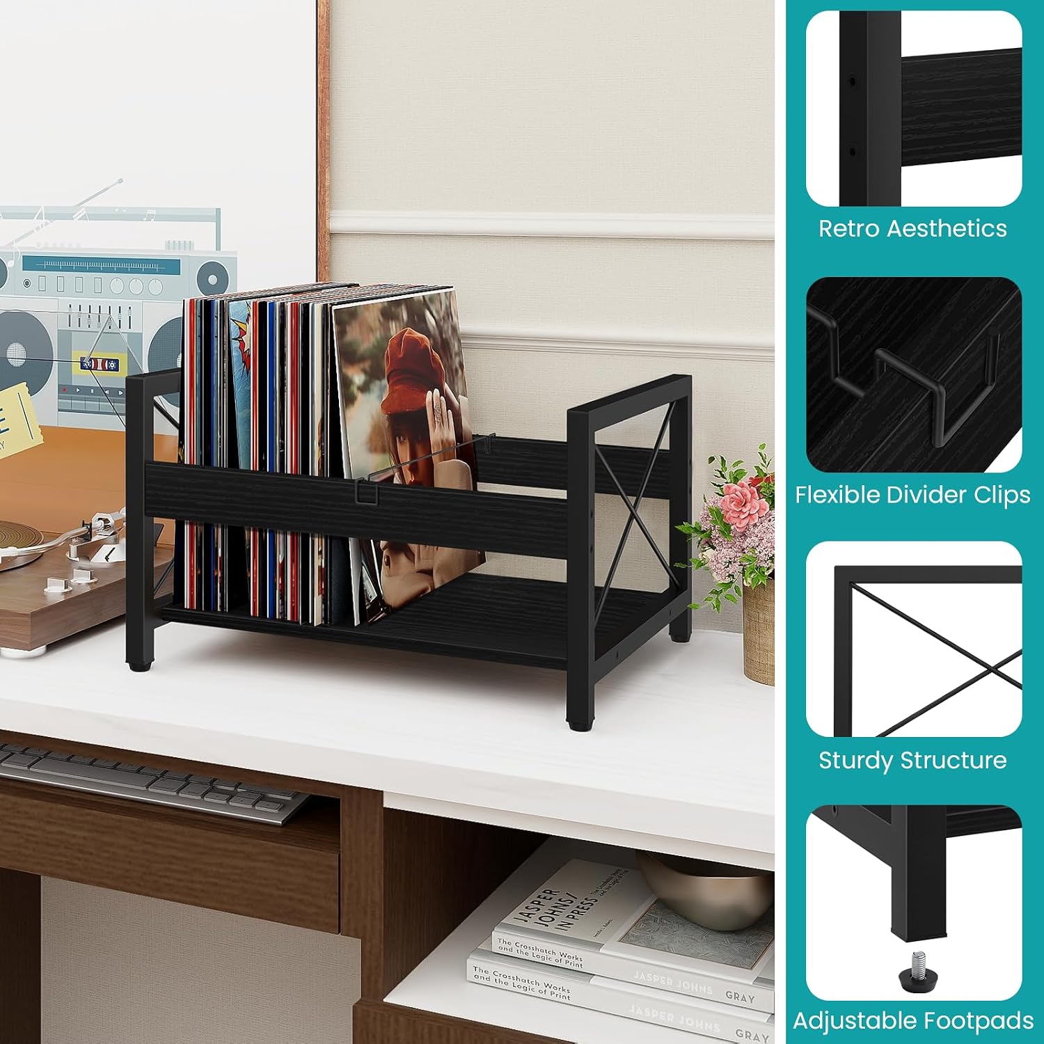 ELITEROO Vinyl Record Holder, Wooden Record Crate Fits 7” -12” Records | Vinyl Shelf Holds up to 50-100 Albums, DVDs