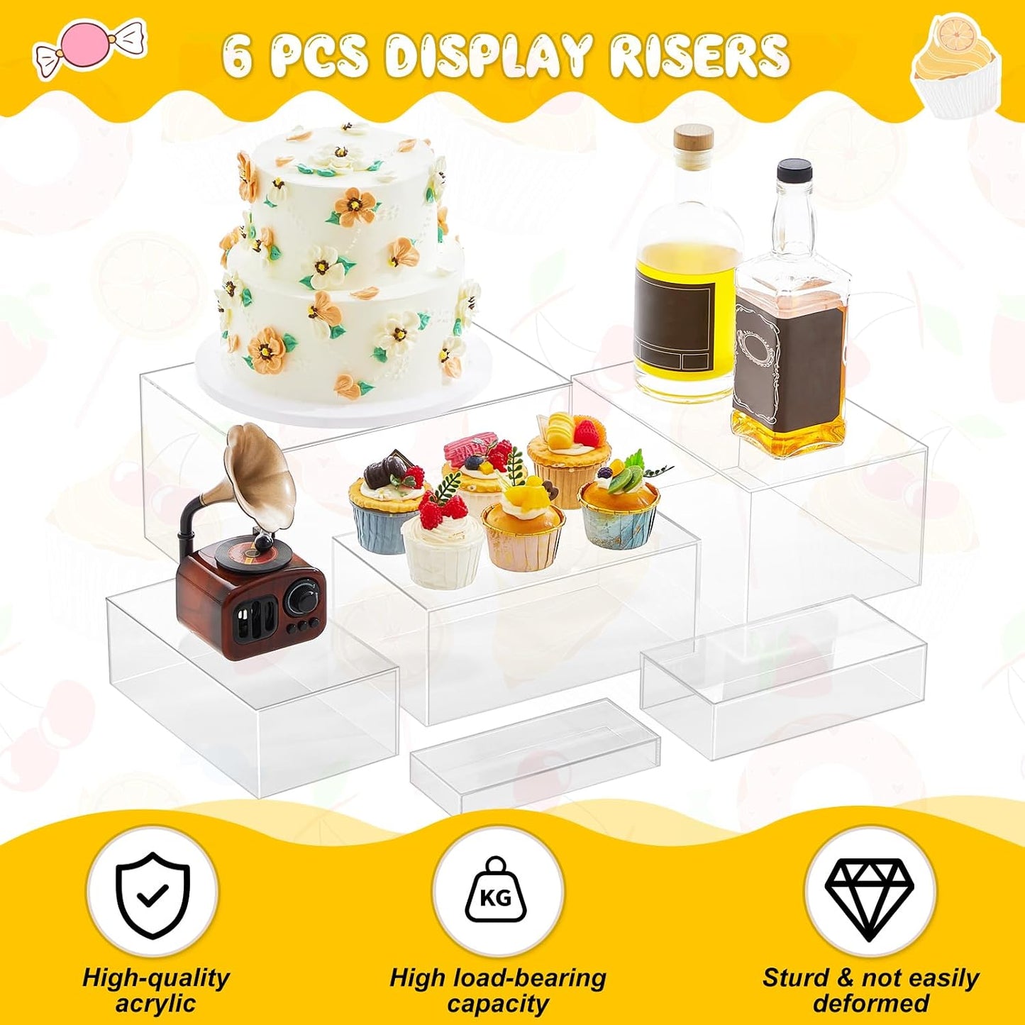 Acrylic Buffet Risers Stands for Food Display Cubes Box / Clear / 7 To 12 Inch / Rectangle / 12 Inch