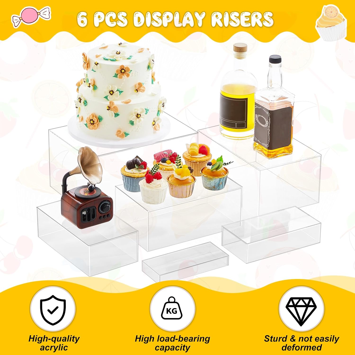 Acrylic Buffet Risers Stands for Food Display Cubes Box / Clear / 7 To 12 Inch / Rectangle / 12 Inch