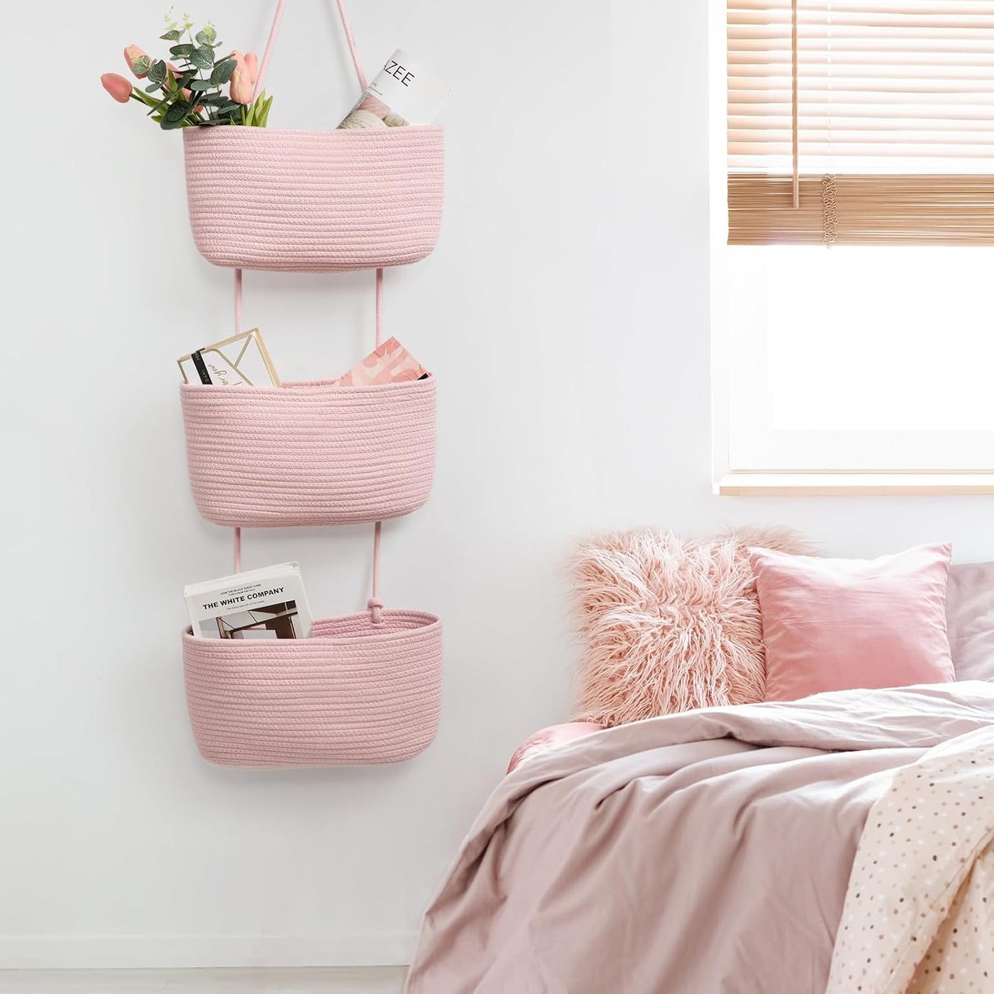 3-Tier Woven Cotton Wall-Mounted Storage Organizer Bag Decorative Hanging Nursery / Pink