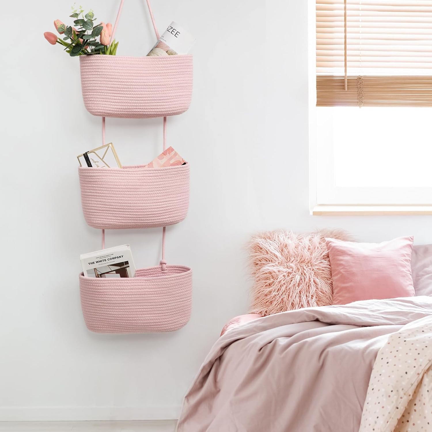 3-Tier Woven Cotton Wall-Mounted Storage Organizer Bag Decorative Hanging Nursery / Pink
