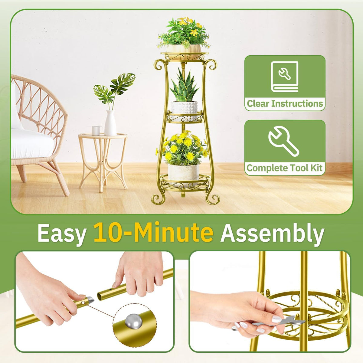 KMOTASUO 3 Tier Metal Plant Stand Tall for Indoor Outdoor Corner, Gold | Heavy Duty Flower Holder Rack, Modern Vertical