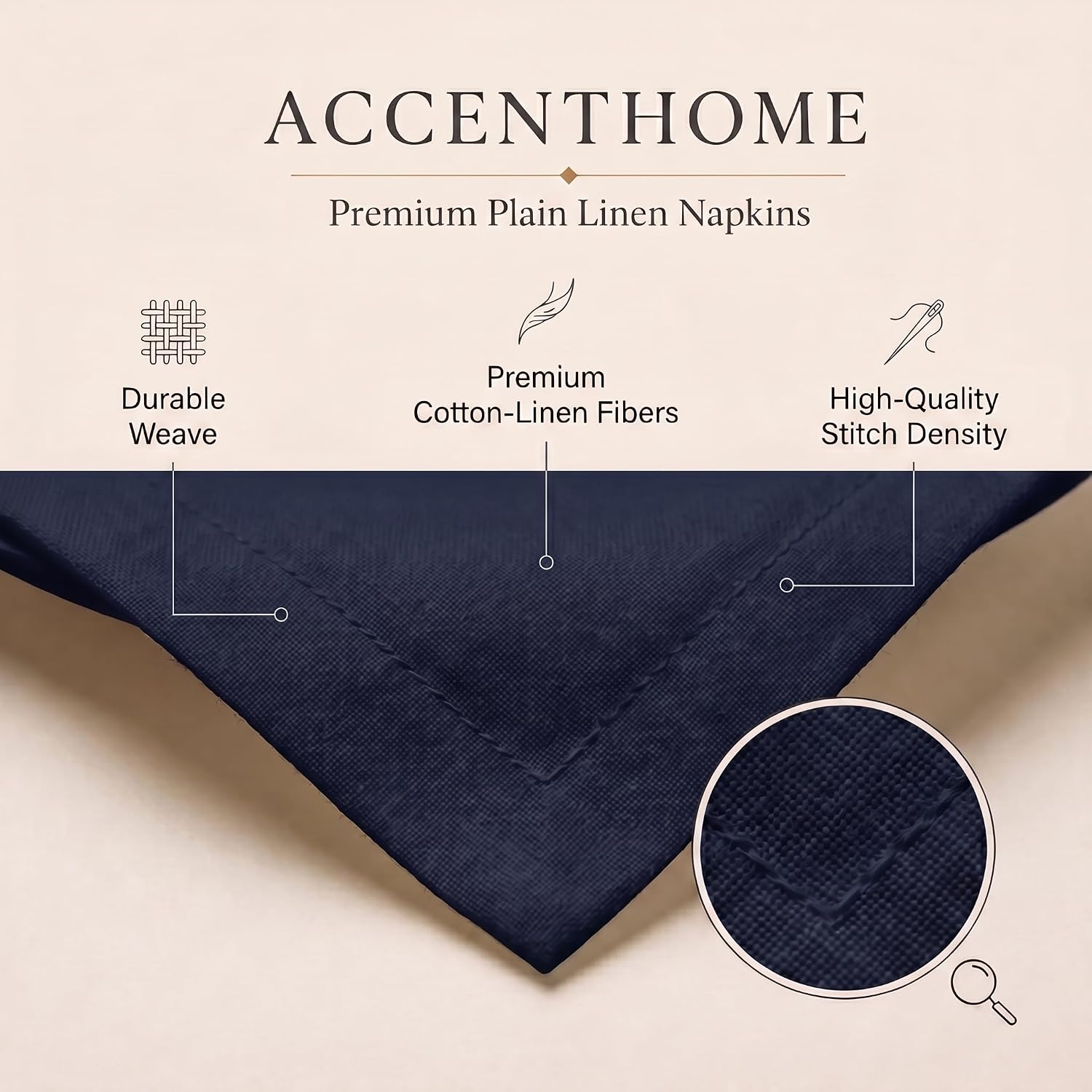 ACCENTHOME Navy Cotton Linen Napkin Set of 12 18x18 inch Dinner Napkins | Cotton Linen Blend Napkins, Machine Wash On