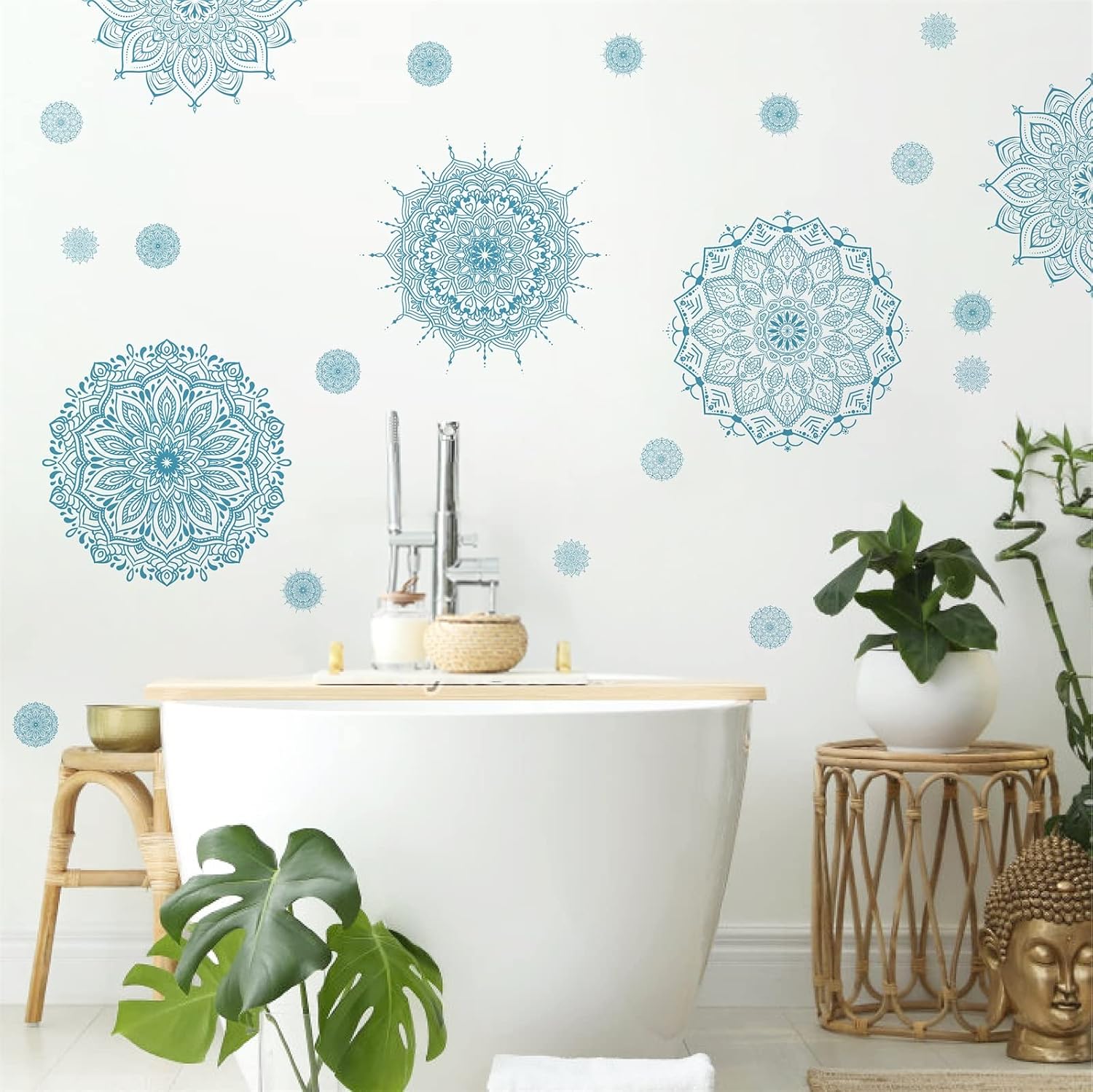 Light Blue Mandala Wall Stickers Removable Mandala Art Decals Peel and Stick Lotus / Blue Small