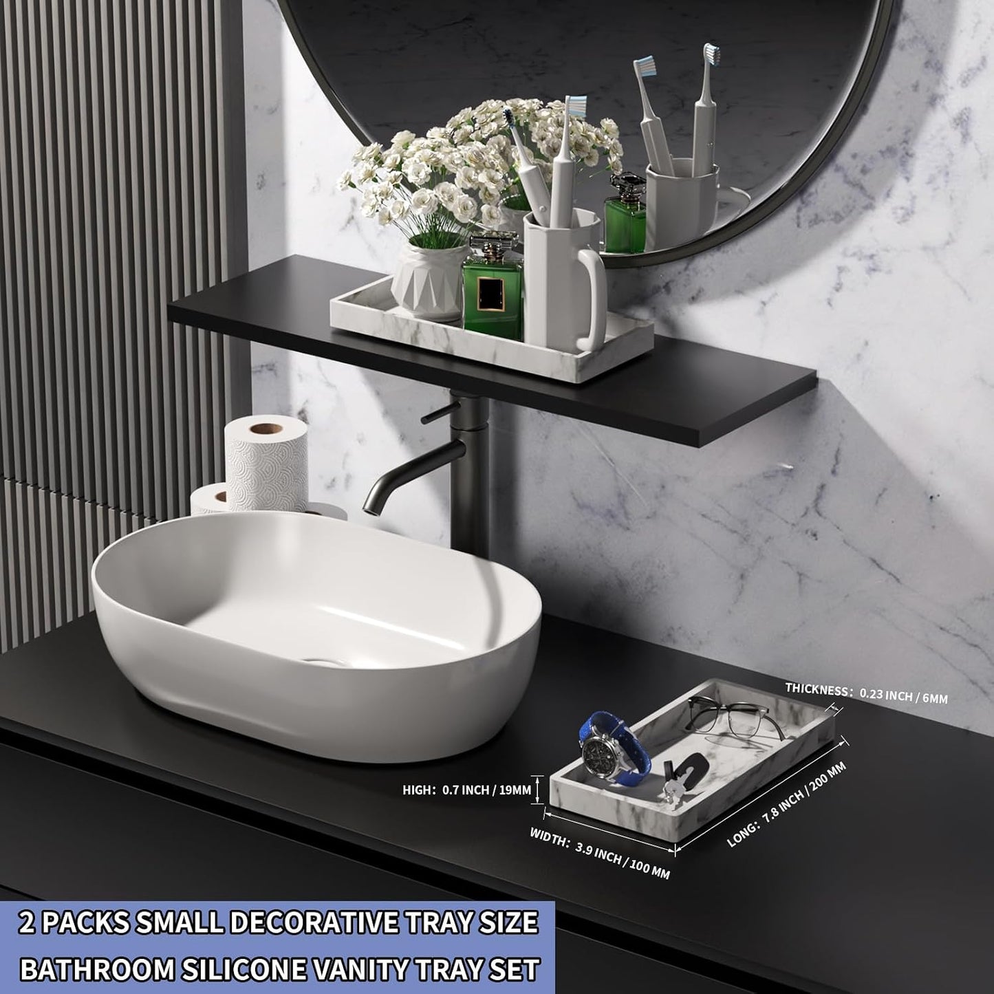 Bathroom Vanity Tray / Marble Gray / 7.8 Inch / Set of 2