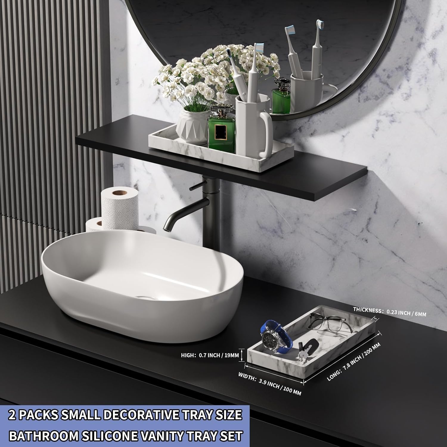 Bathroom Vanity Tray / Marble Gray / 7.8 Inch / Set of 2
