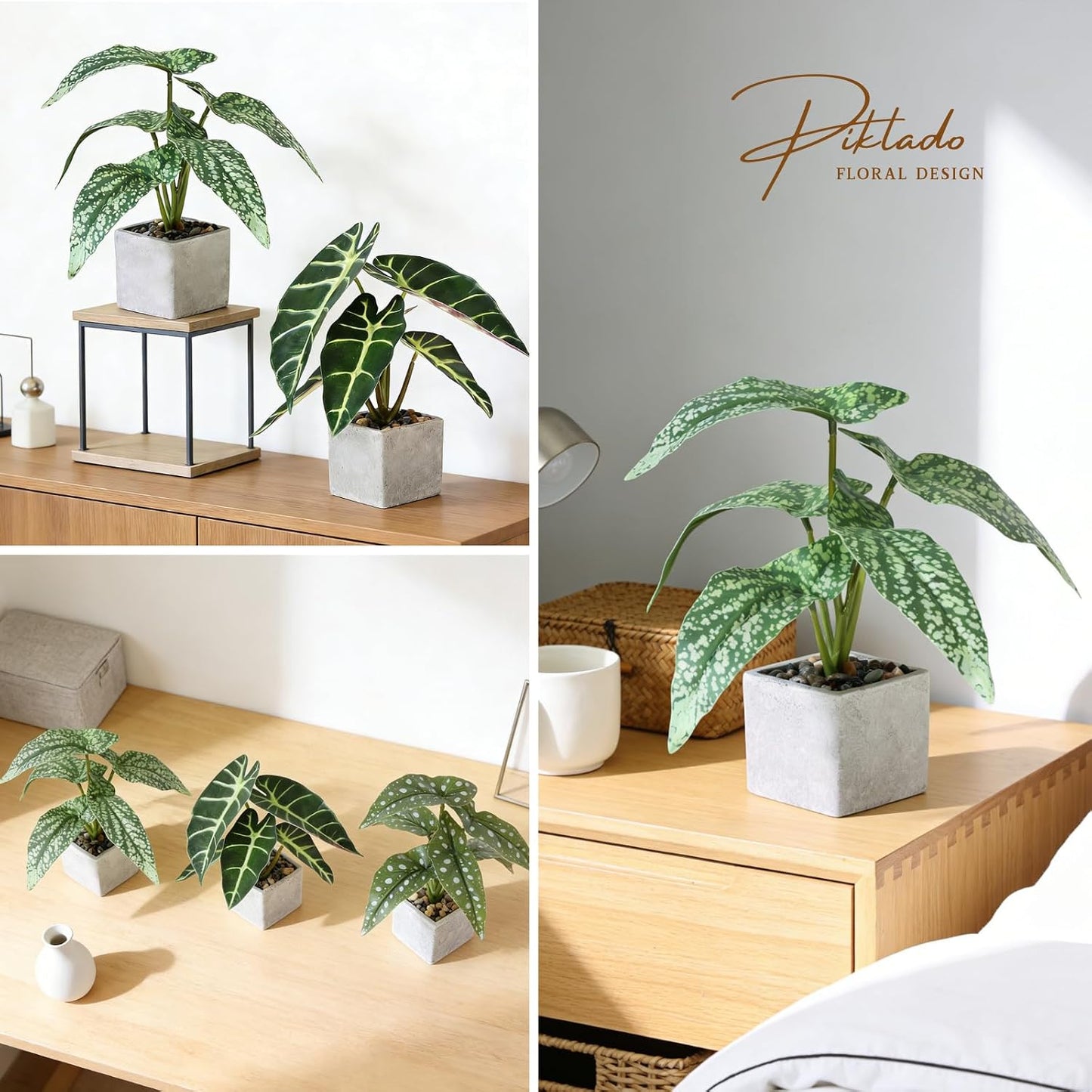 Small Fake Plants Artificial Begonia Leaves Faux Plants Indoor / Green / Set of 3