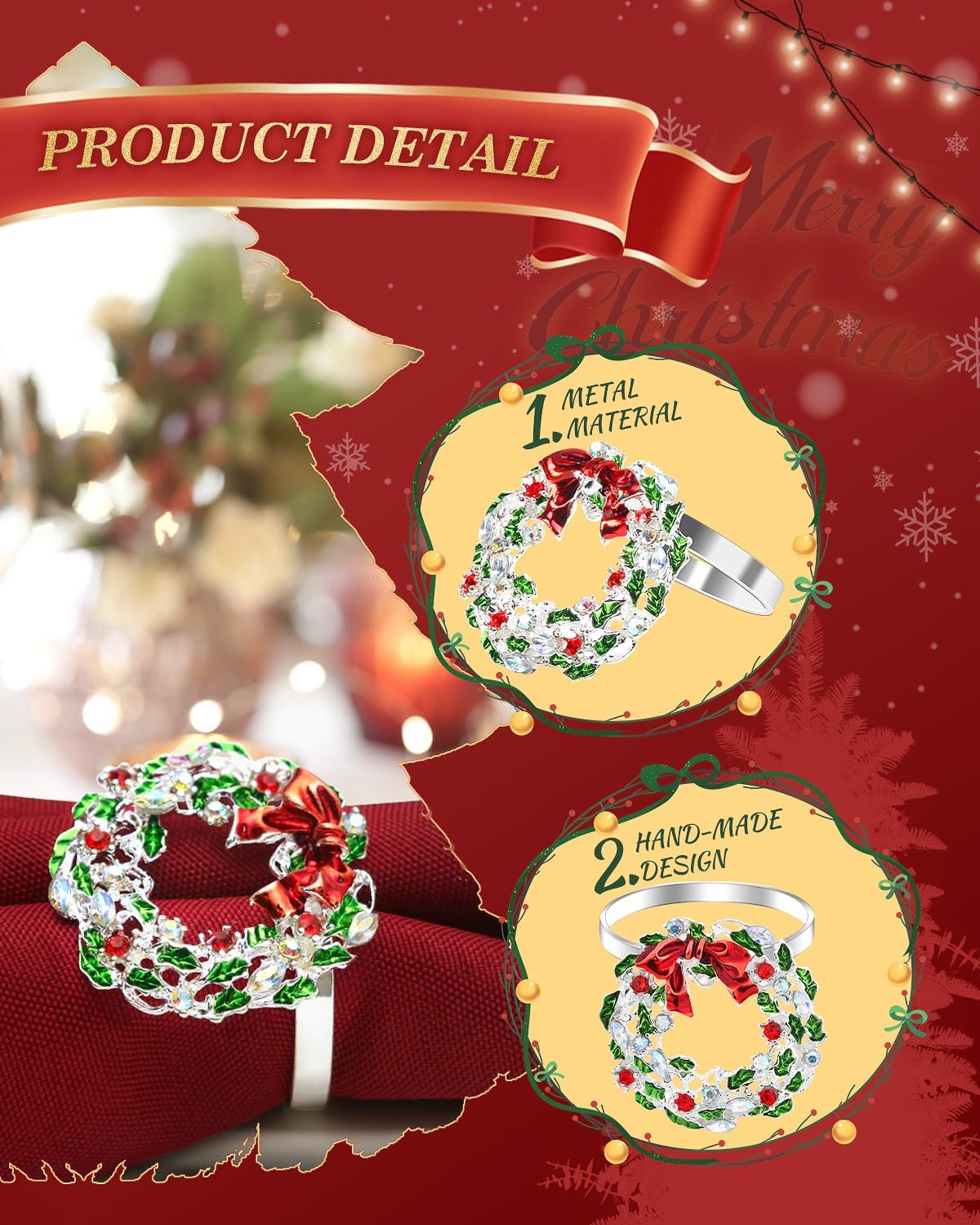 KPOSIYA Christmas Napkin Rings Set of 12, Silver Napkin Rings Holder Serviette Buckles for Holiday Dinning Table