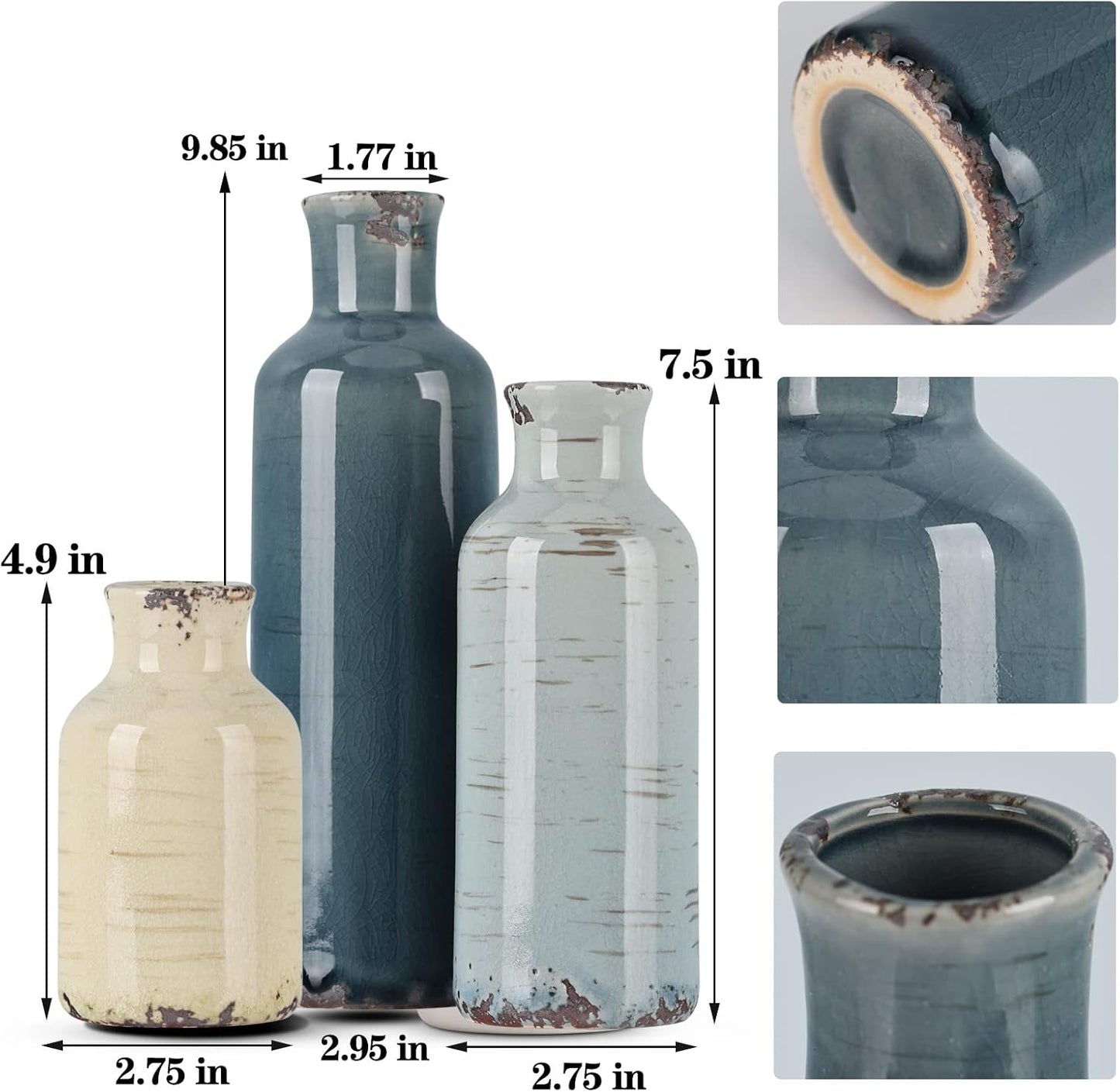 Multicolor Ceramic Vase / Blue Grey Beige / Set of 3