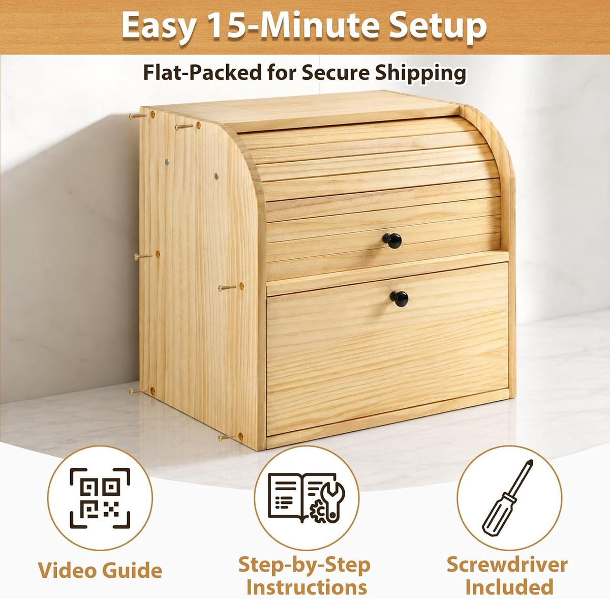 Sunhoo Wooden Bread Box for Kitchen Countertop, Roll Top Breadbox, Natural | Large Double Layer Pantry Container, Solid