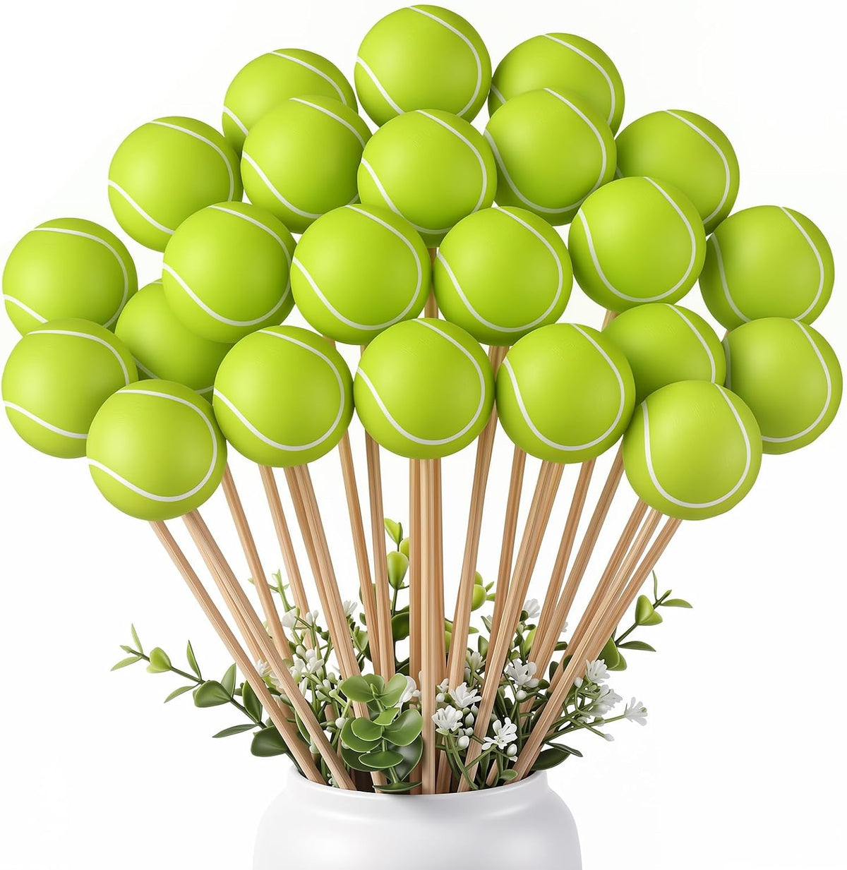 Soulchen 24 Pcs Tennis Centerpiece Sticks Set 1.57 Inches Tennis Balls with 7.87 Inches Sticks for Ball Themed Party Decorations Sports Banquet Table Centerpieces Event Decor