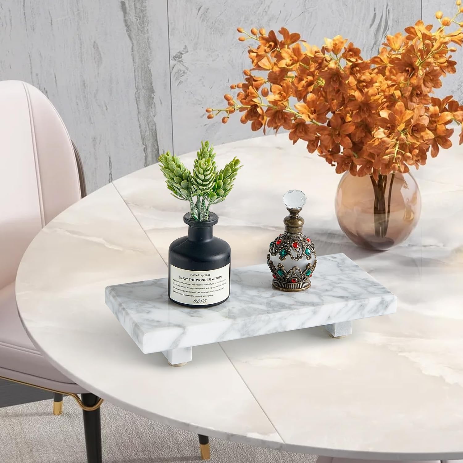 Vanity Organizer / Natural Marble Tray Pedestal Stand / White / 8.7 x 4 x 1.6