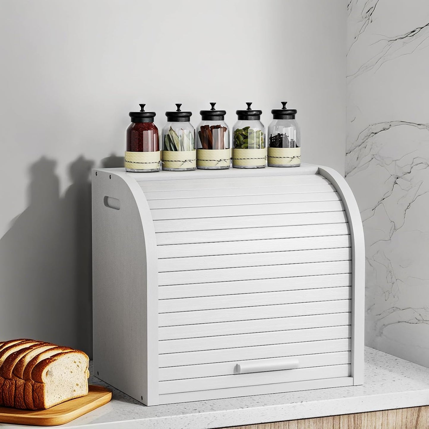 G.a HOMEFAVOR 2-Tier Bamboo Bread Box for Kitchen Counter, White | Large Roll Top Bread Storage Container, Bread Holder