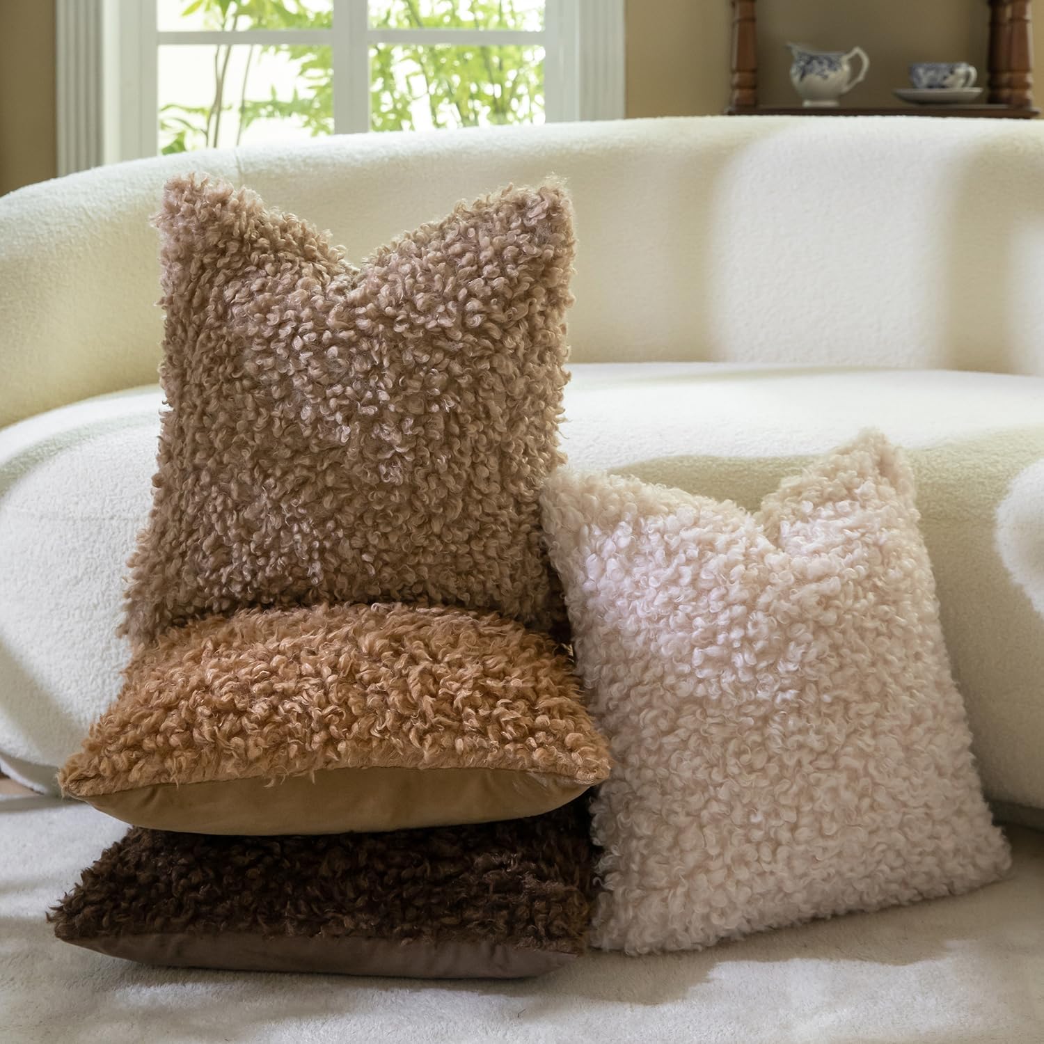 Faux Fur Throw Pillow Covers Boucle Decorative Sherpa Pillow / Apricot Beige / 18 x 18 / Set of 2