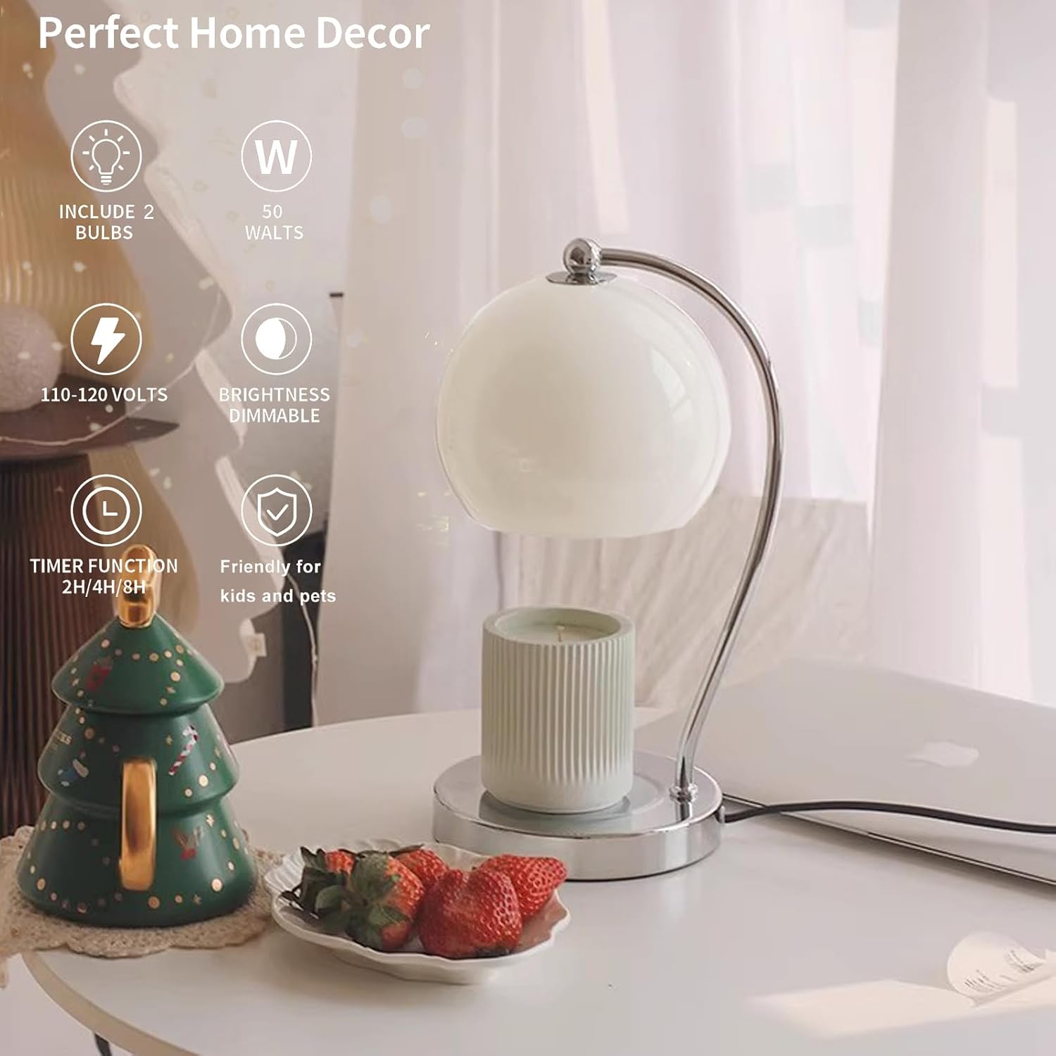 Modern Wide Base Candle Warmer Lamp, Timer/Dimmer (White) | Sleek white wide-base candle warmer with top-down wax