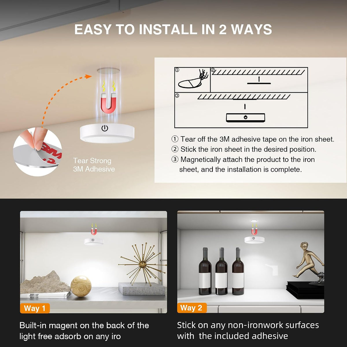 Puck Lights with Remote Control Rechargeable, Full-Screen Wireless LED Under Cabinet Lighting with Light Guide Plate,3