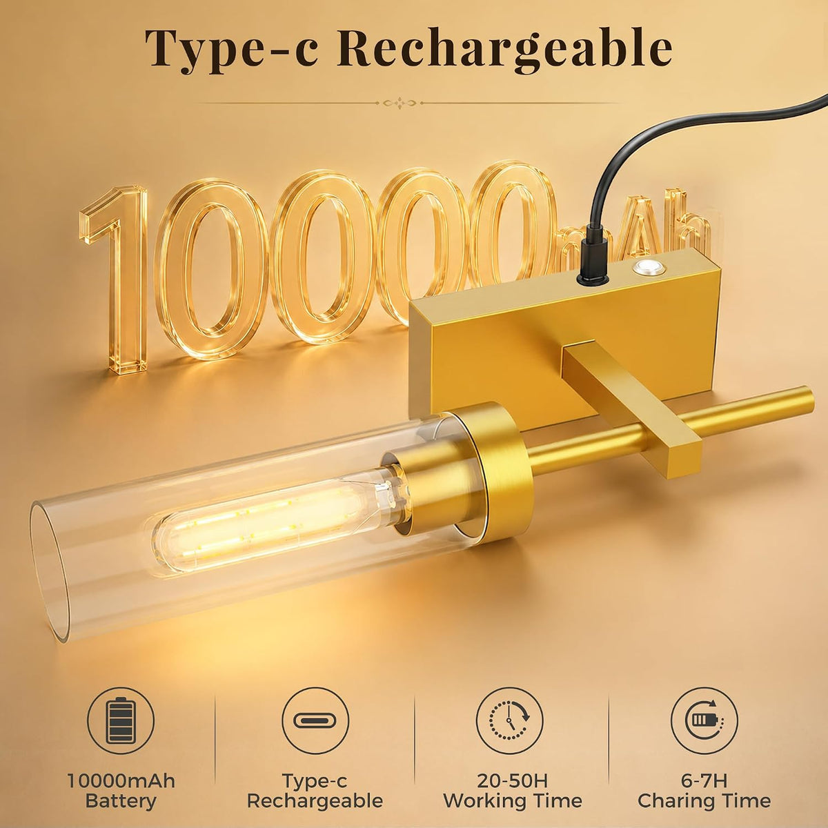 10000mAh Battery Operated Wall Sconces Set of 2, Gold-17 Inch | Warm White, Renter Friendly, Dimmable, Remote