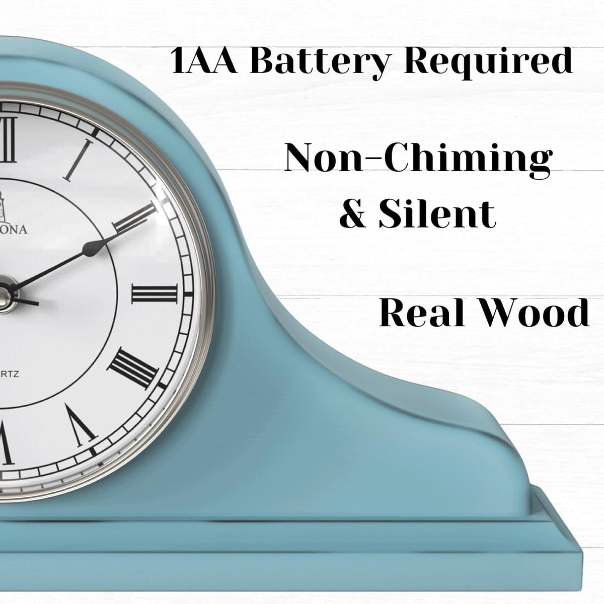 Mantel Clock for Fireplace, Teal Wooden Farmhouse Silent Mantle Clock | Solid Wood Non-Chiming Battery Operated Clock