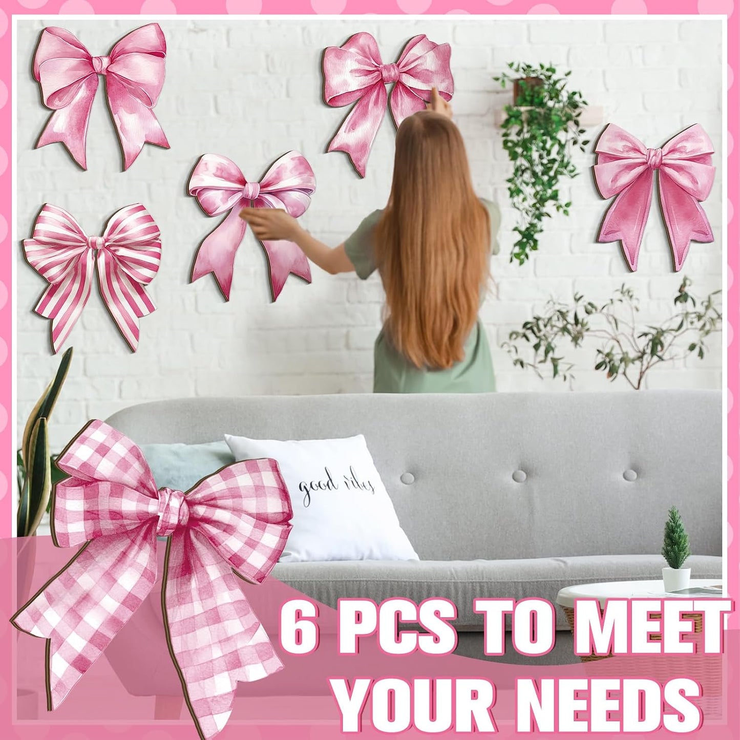 Bow Wall Decor Wooden Bow Wall Art Bowknot Hanging Plaque Signs / Elegant / Pink / Set of 6