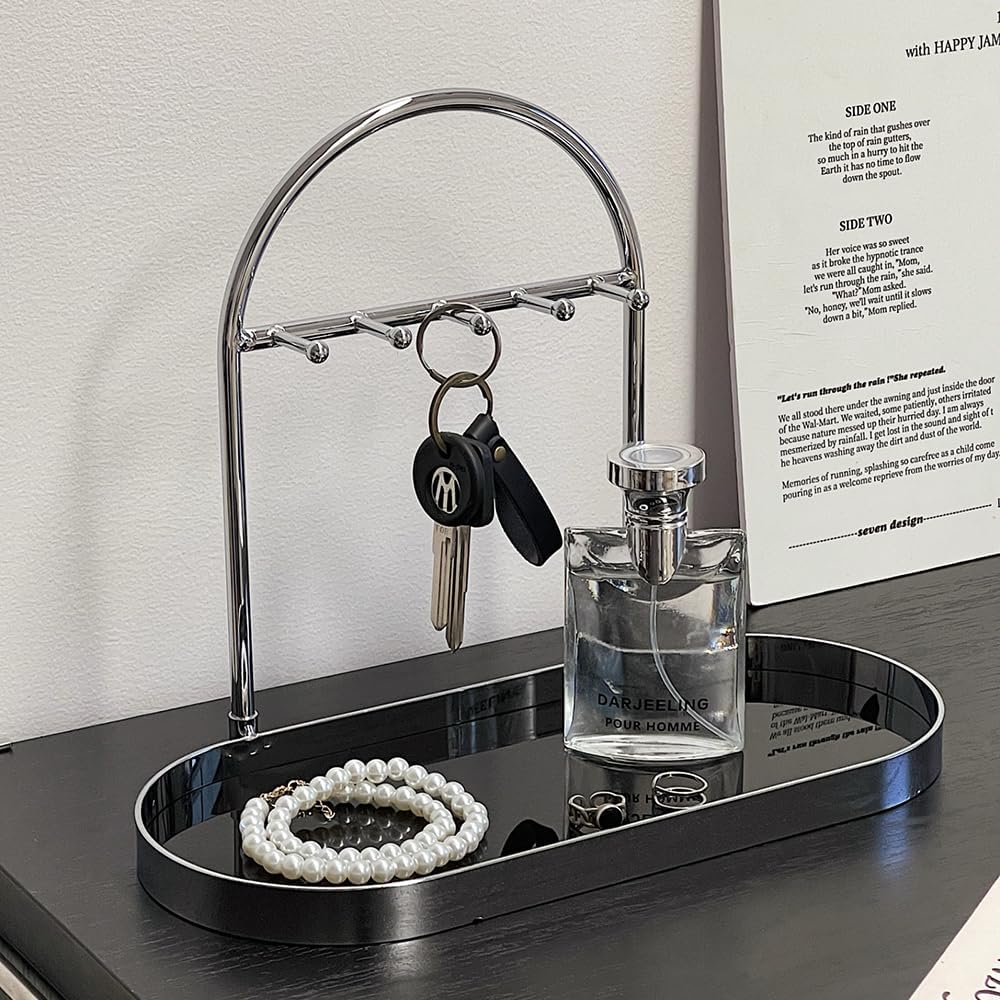 Metal Jewelry Organizer Stand & Key Holder Tray / Silver Black