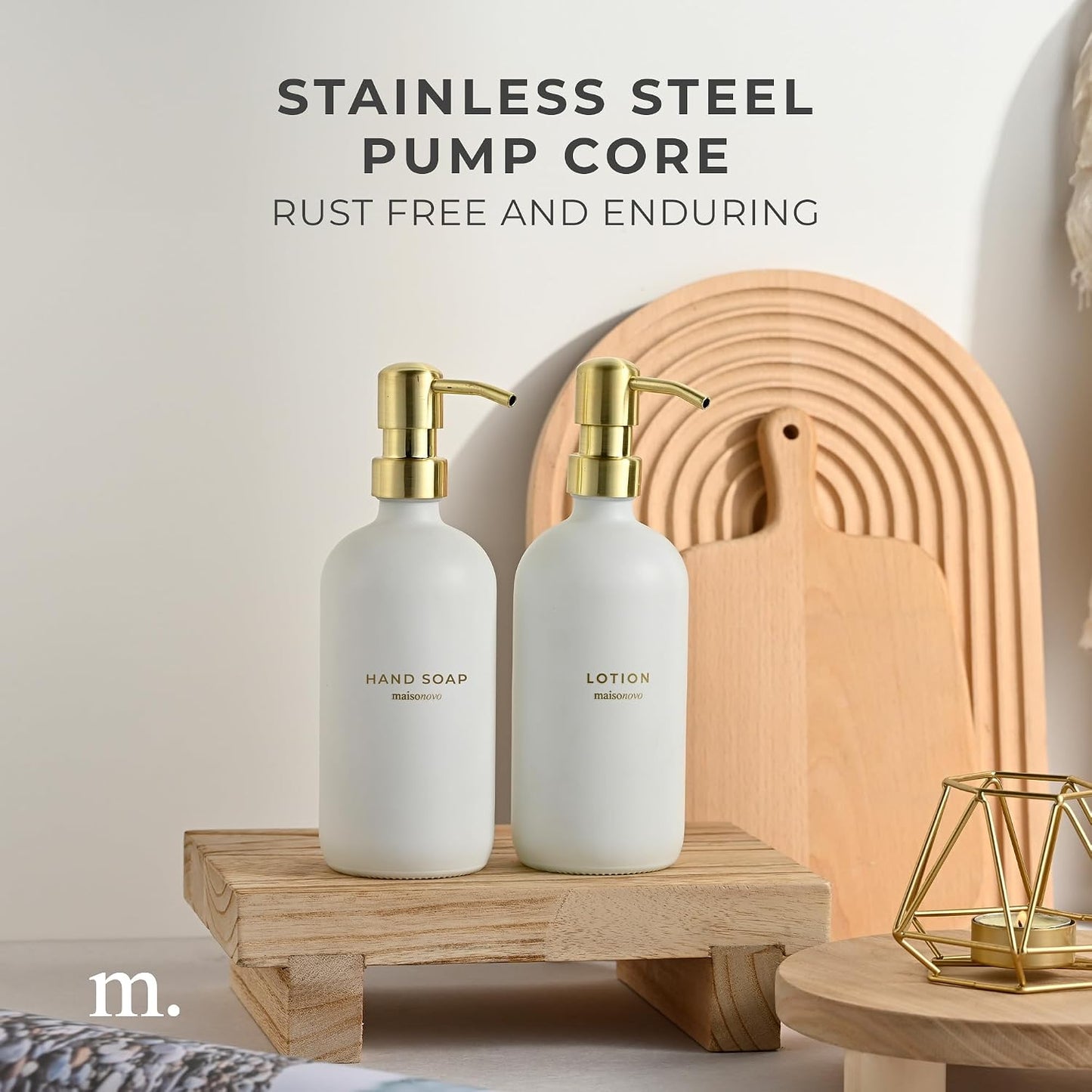 MaisoNovo Soap Dispenser 2-Piece Set | 16.9oz Clear Bottles with Gold Stainless Steel Pump Core