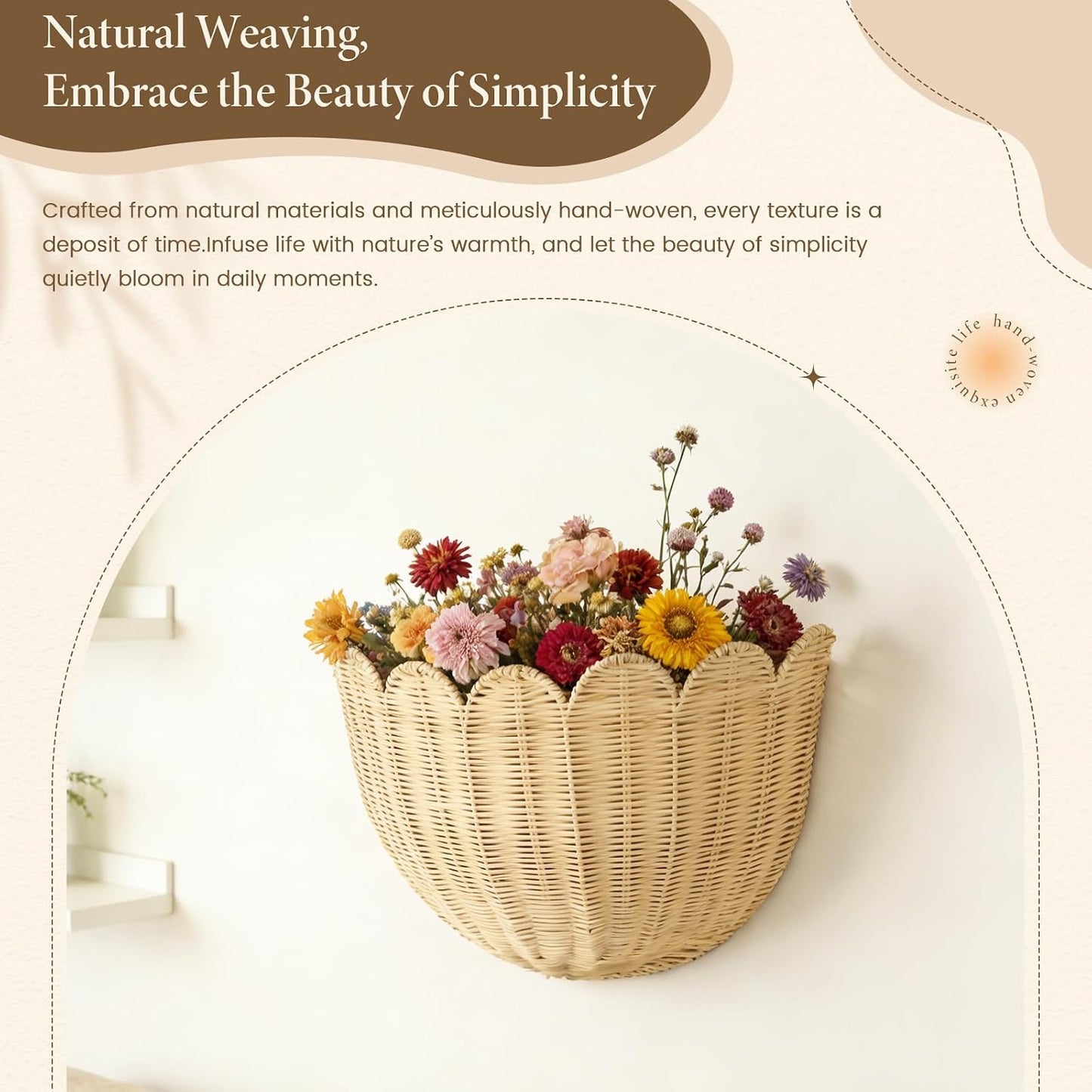 Natural Handwoven Scalloped Wall Basket / Honey Brown / Set of 2