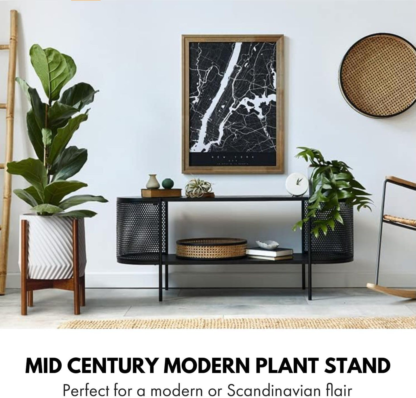 Fox & Fern Mid Century Plant Stands for Indoor Planters, Acacia, 11.8 Inch | Plug In Design, Holds 200 lbs, Two High