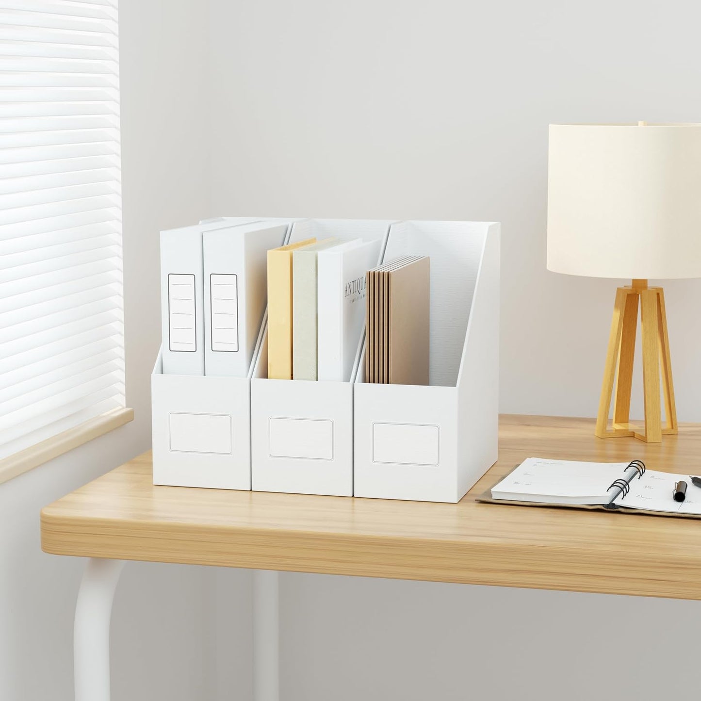 White Magazine File Holders，3 Packs Cardboard File Rack, Folder Holder | Sturdy Cardboard Desktop Storage File Box