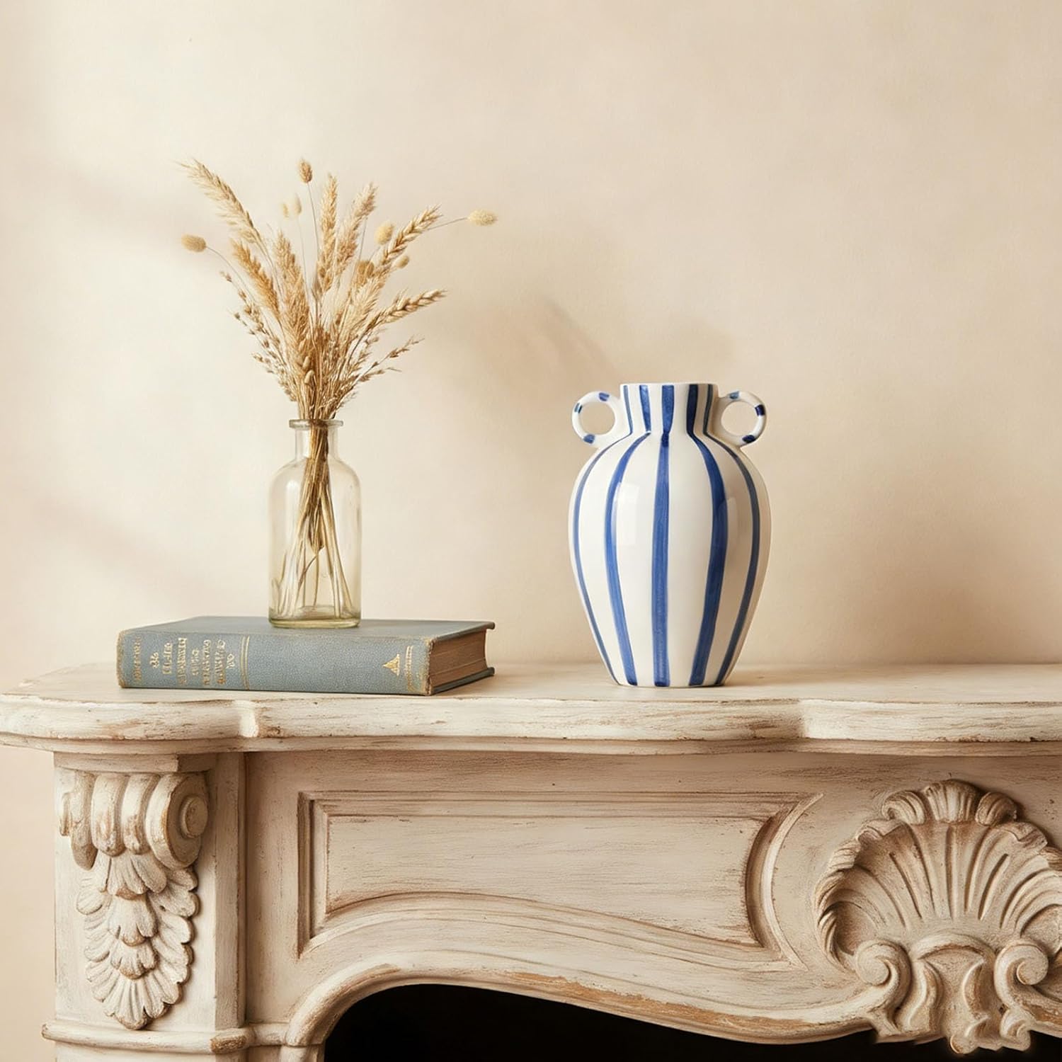 Ceramic Striped Flower Vase / Blue