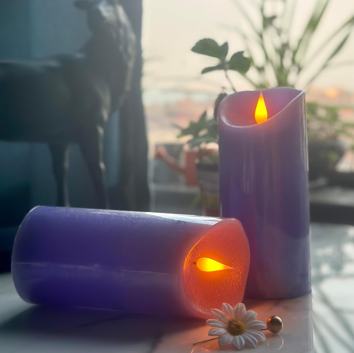 Adoria Large Purple Flameless Candles Remote and Timer Set of 2- Real Wax Pillar Candles with 3D Realistic