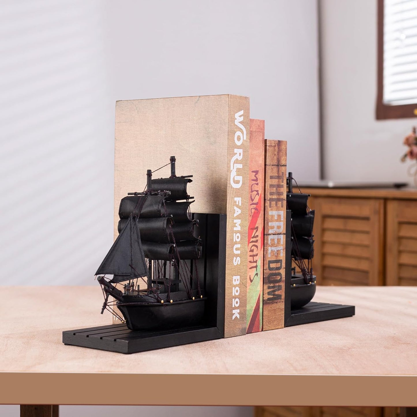 Wooden Ship bookends The Pearl Pirate 10" Prebuilt Caribbean Coastal Sailboat Decor Nautical / Black