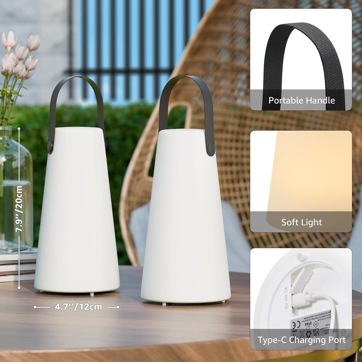 2 Pack Outdoor Lamps, Rechargeable Outdoor Lanterns Table Lamp with IP44 Waterproof, Battery Operated Portable Hanging