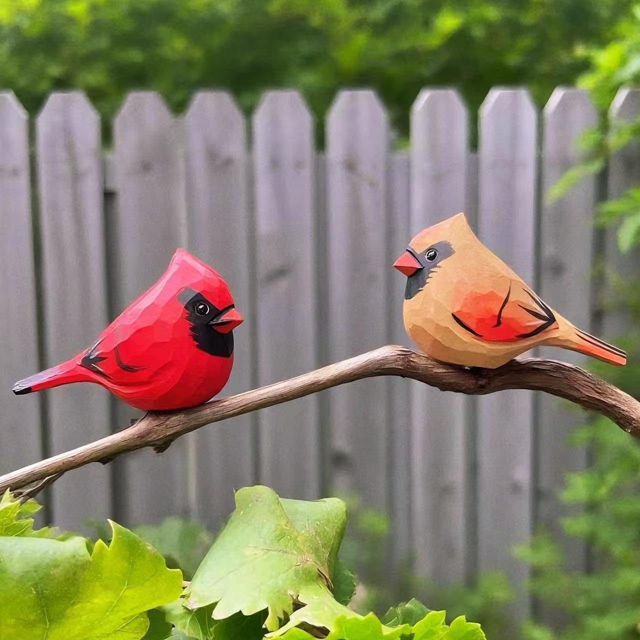 Hand-Carved Wooden Northern Cardinal Figurines / Red & Brown