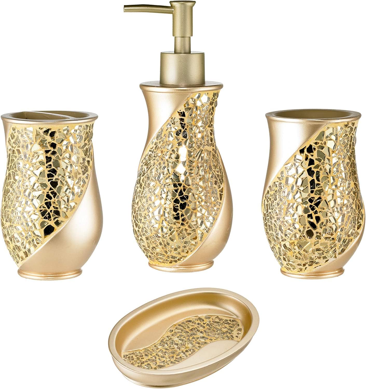 Zahari Home 4pc Sinatra Stylish Bathroom Accessories Set Champagne Gold Soap Dispenser Pump, Tumbler, Tooth Brush