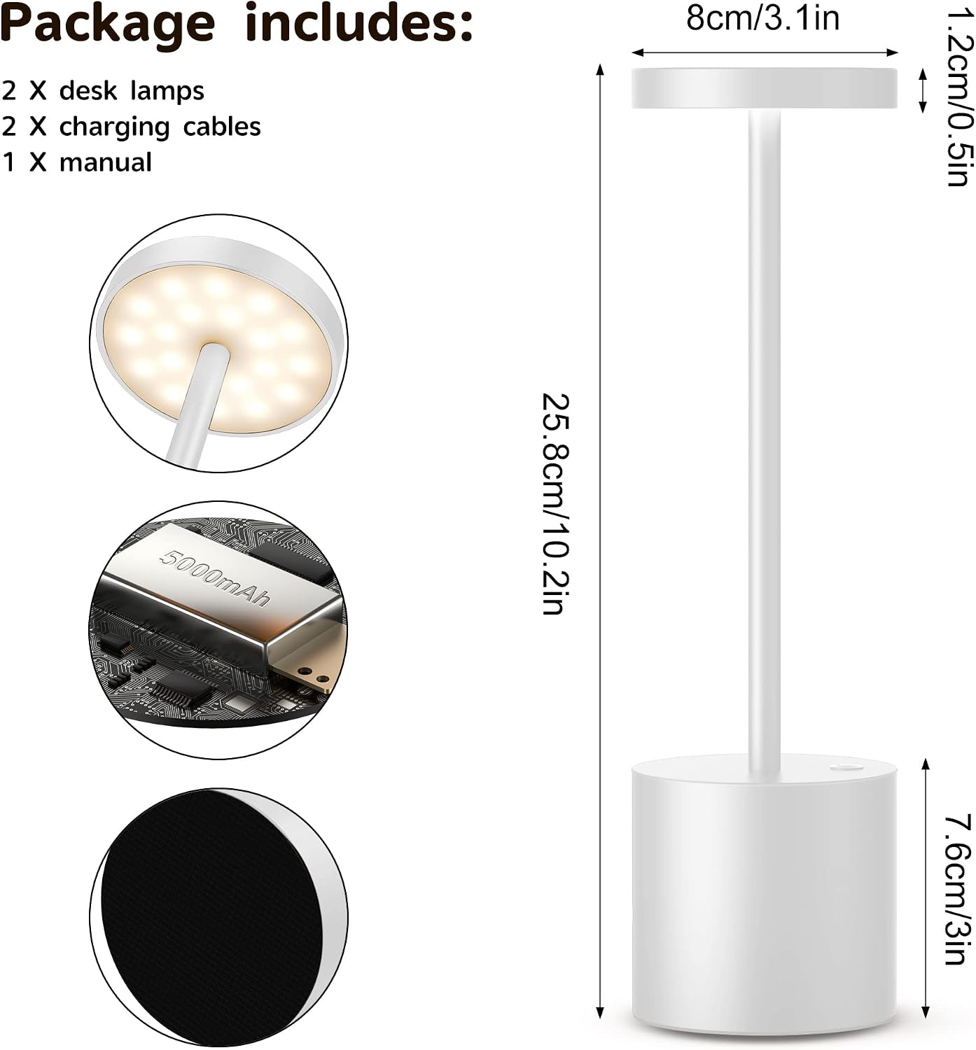 2Pack Cordless Rechargeable LED Restaurants Outdoor Table Lamp | Battery 5000mAh Metal USB Portable Powered Desk Lamp